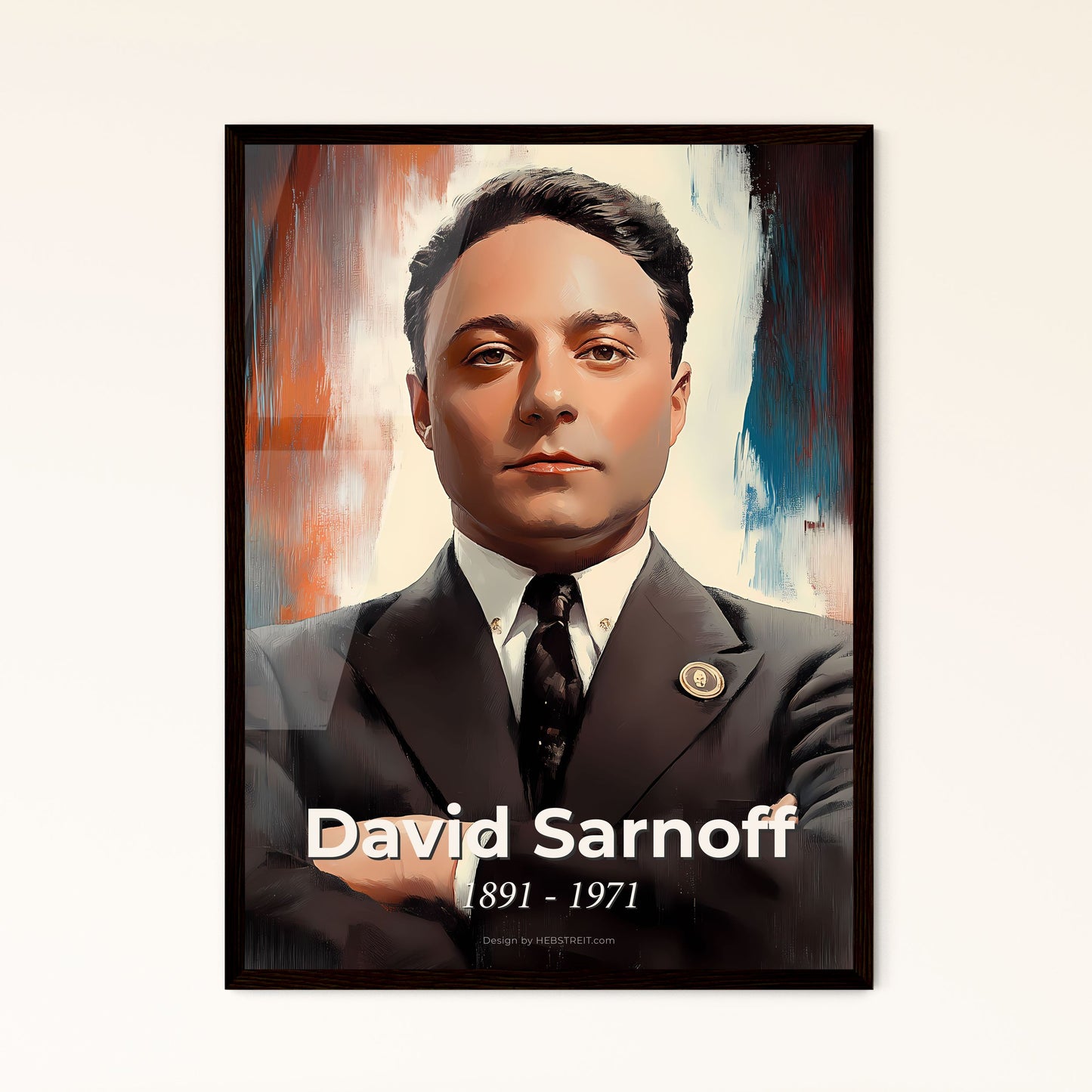 Portrait of David Sarnoff, 1891 - 1971. Impressionistic painting of a man in a suit with his arms crossed.