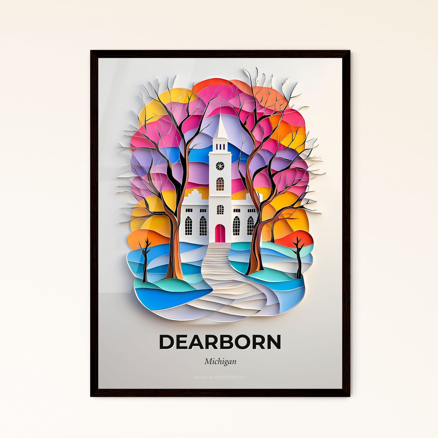 Vivid Dearborn, Michigan - a paper cut of a church with trees