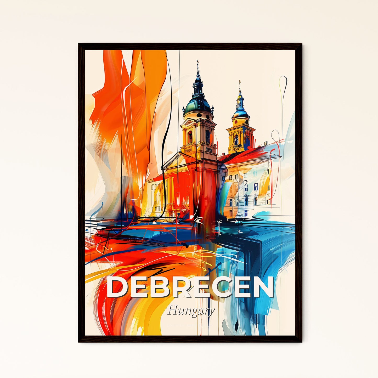 Vibrant Debrecen, Hungary - A Painting Of A Building With A Colorful Paint Brush