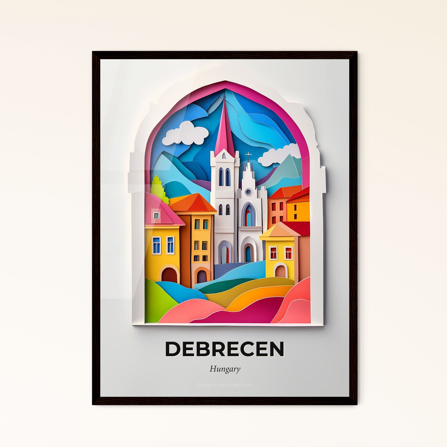 Vivid Debrecen, Hungary - a paper cut of a church with a mountain in the background