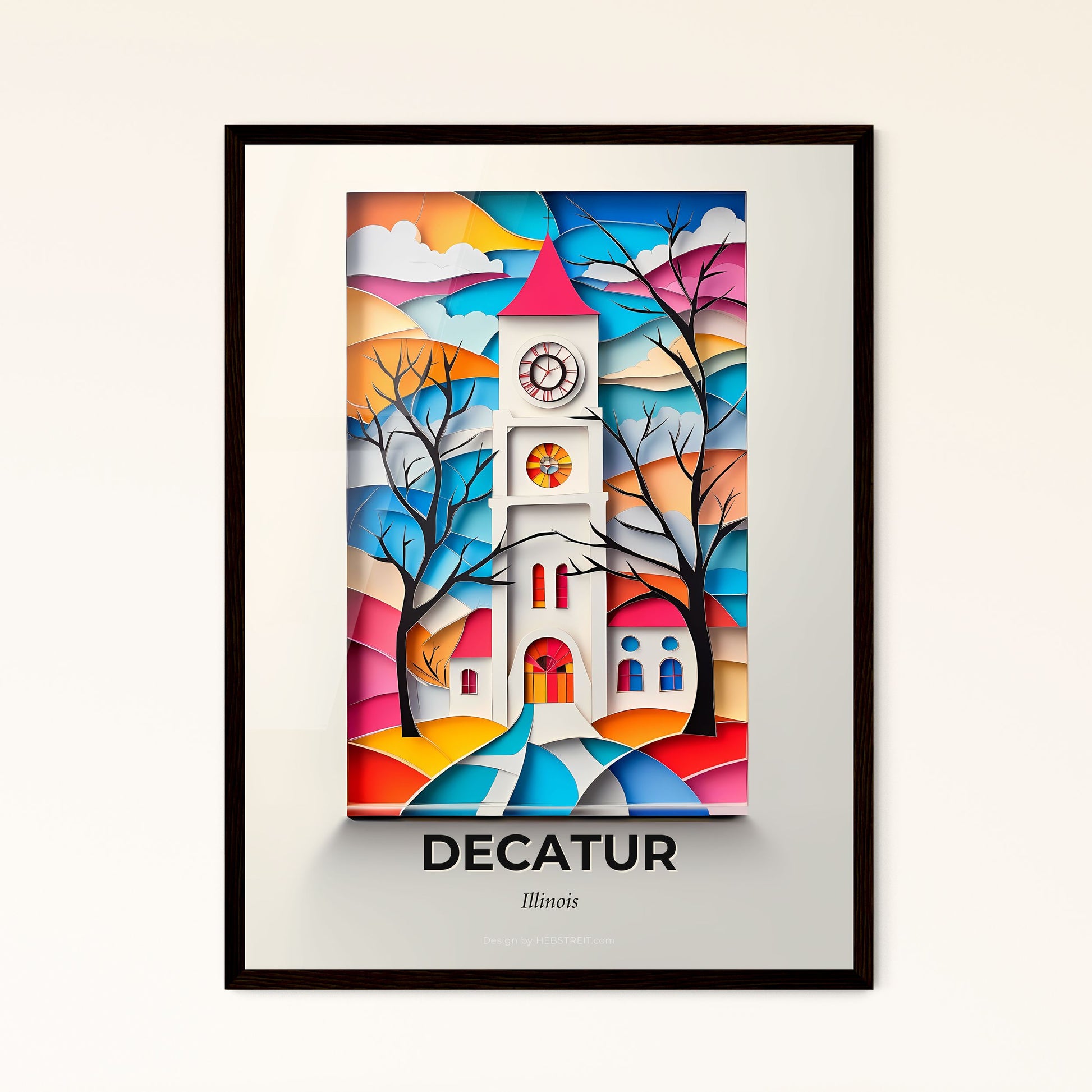 Vivid Decatur, Illinois - a paper cut of a church with a clock tower