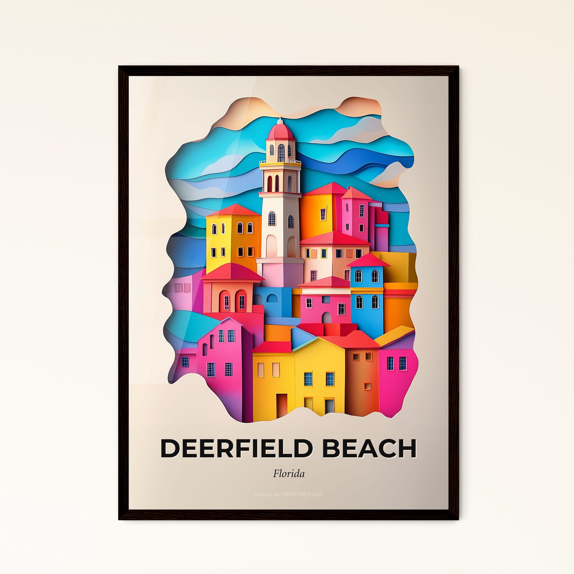 Vivid Deerfield Beach, Florida - a colorful city with a clock tower in the middle