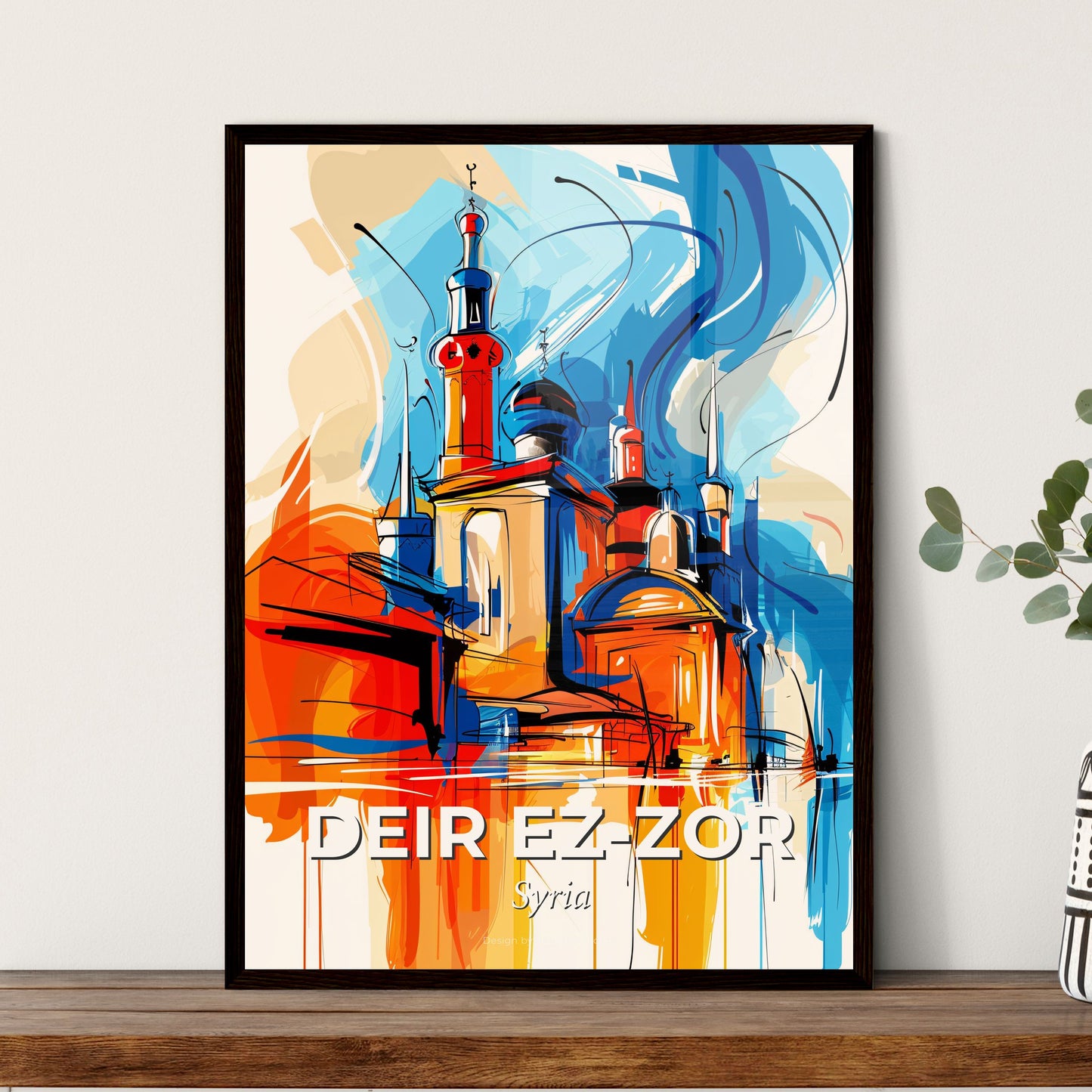 Vibrant Deir Ez-Zor, Syria - A Painting Of A Building With Towers And A Blue And Orange Background