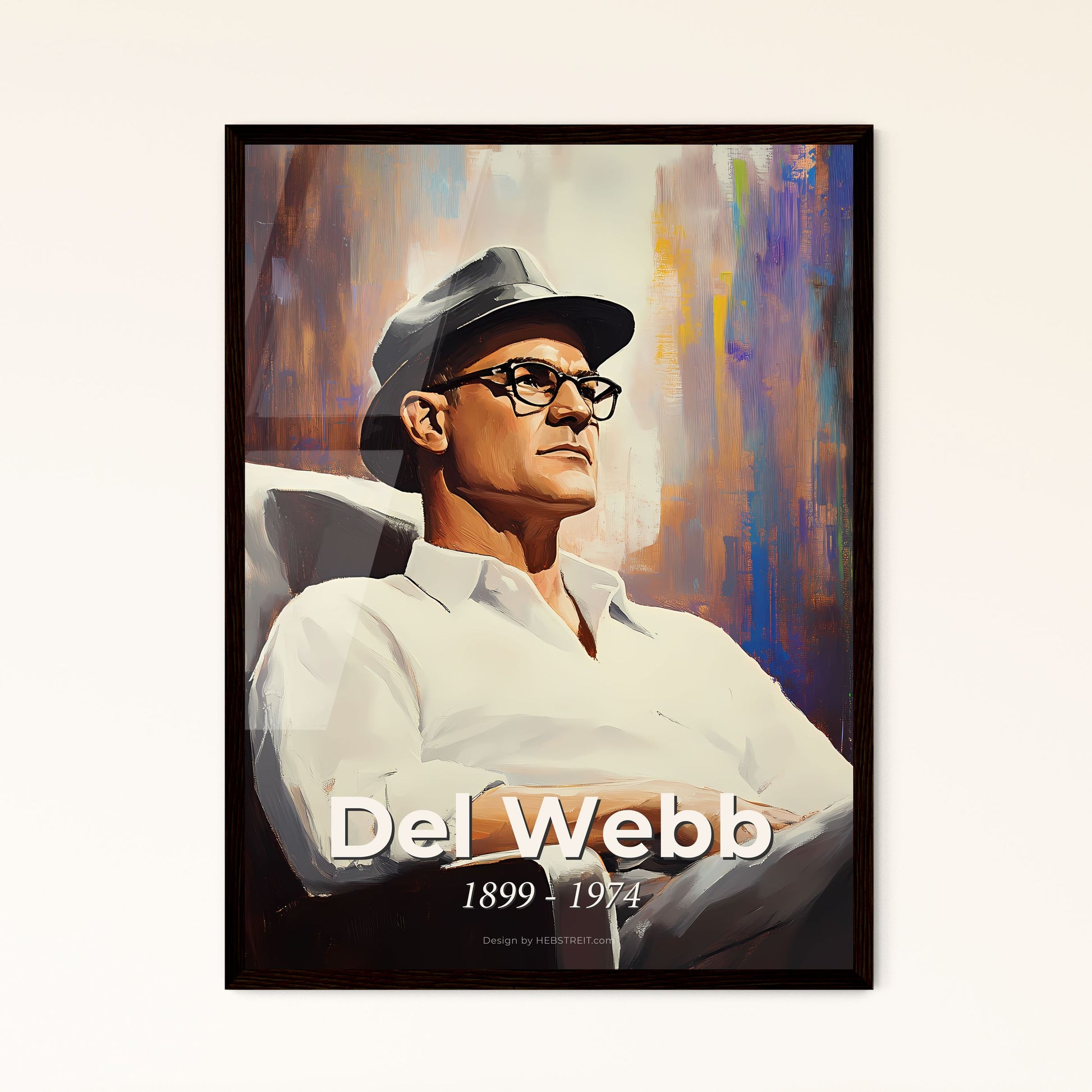 Portrait of Del Webb, 1899 - 1974. Impressionistic painting of a man sitting in a chair.