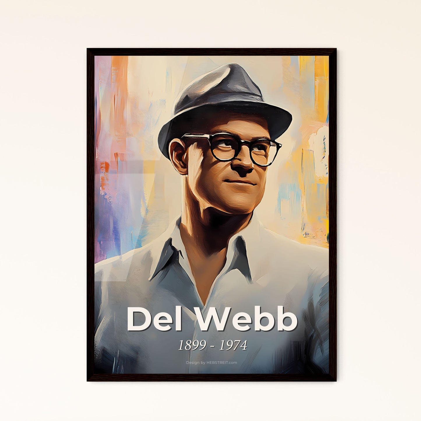 Portrait of Del Webb, 1899 - 1974. Impressionistic painting of a man wearing glasses and a hat.