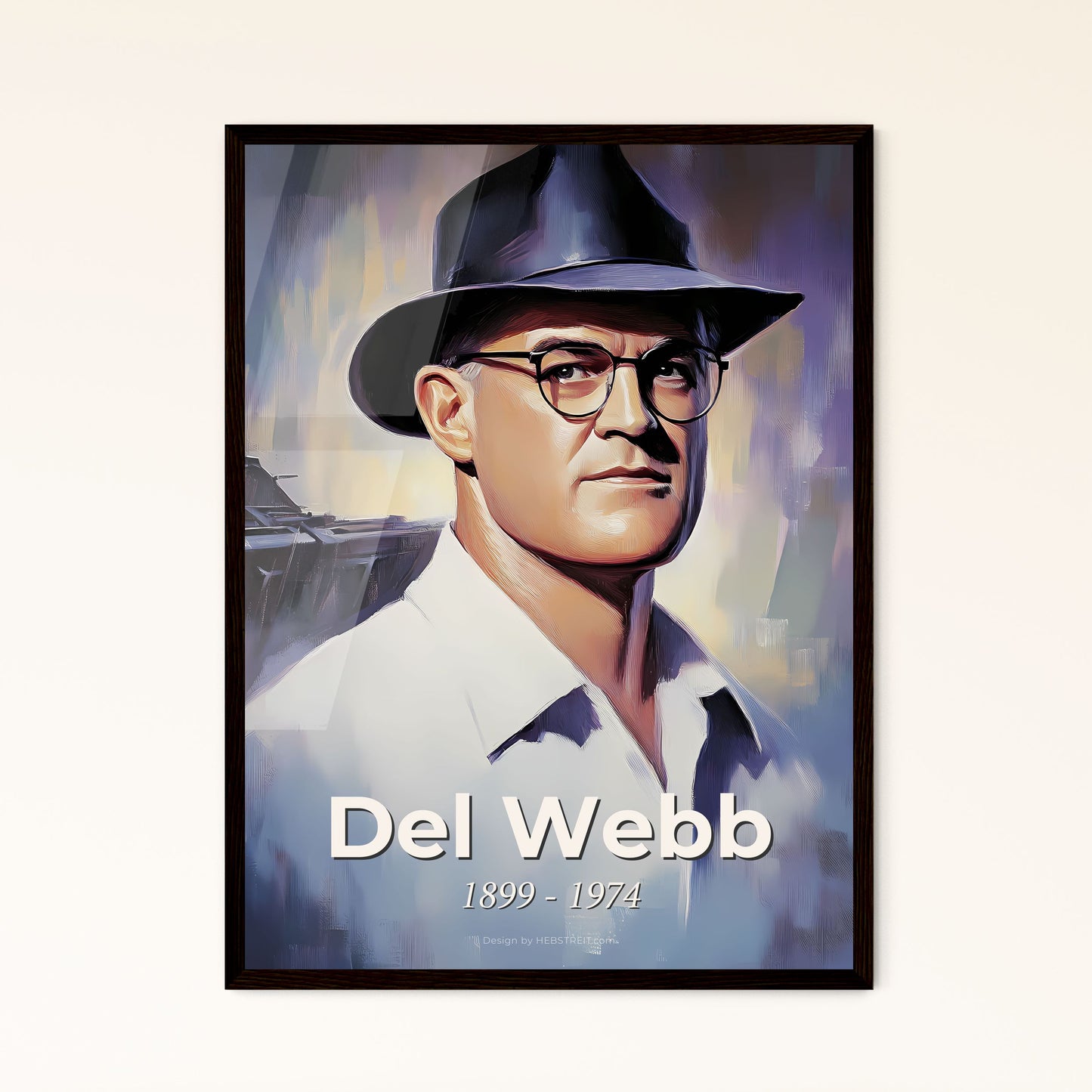 Portrait of Del Webb, 1899 - 1974. Impressionistic painting of a man wearing a hat and glasses.