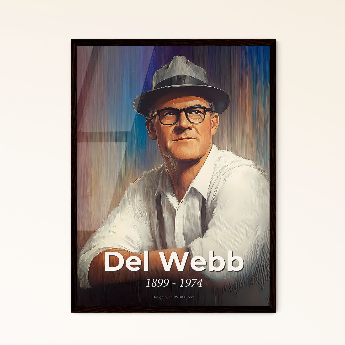 Portrait of Del Webb, 1899 - 1974. Impressionistic painting of a man wearing a hat and glasses.