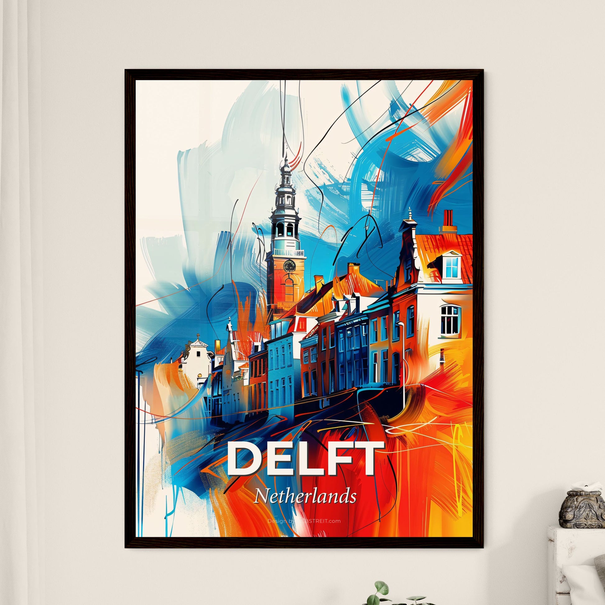 Vibrant Delft, Netherlands - A Painting Of A Building With A Tower