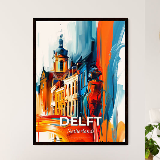 Vibrant Delft, Netherlands - A Painting Of A Woman Standing In Front Of A Building