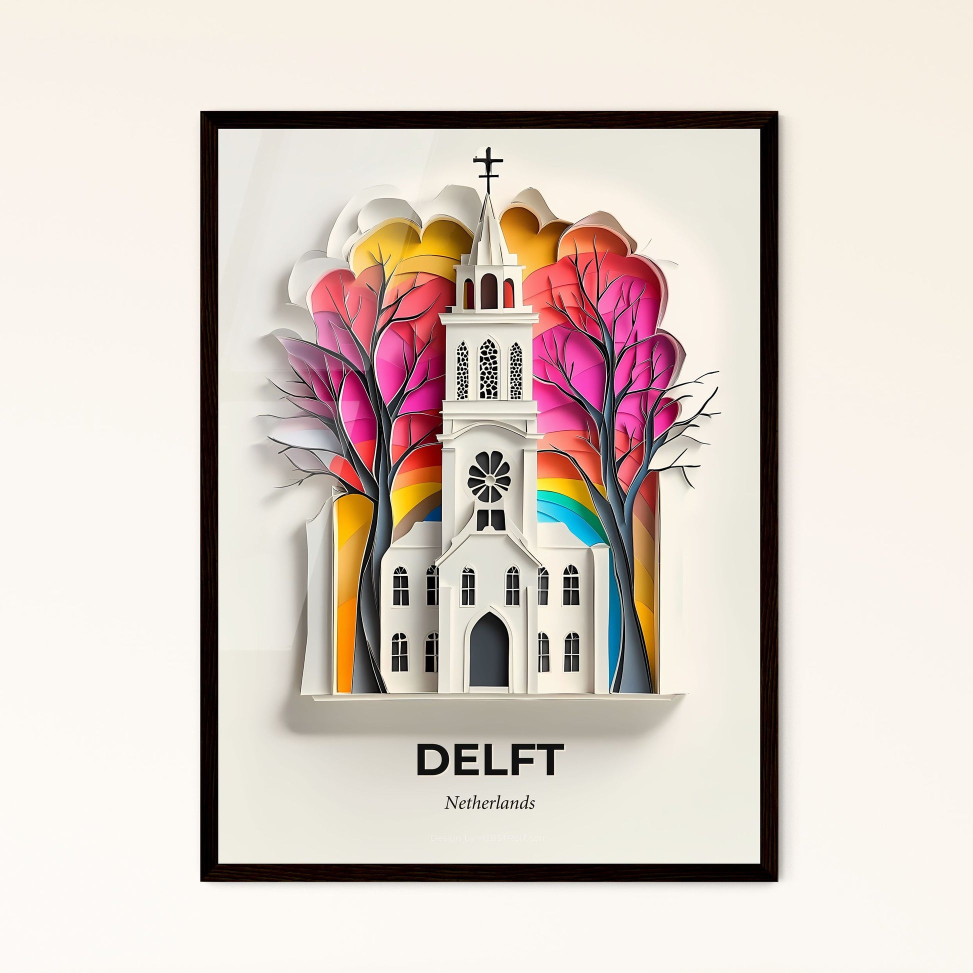 Vivid Delft, Netherlands - a paper cut of a church with a rainbow in the background