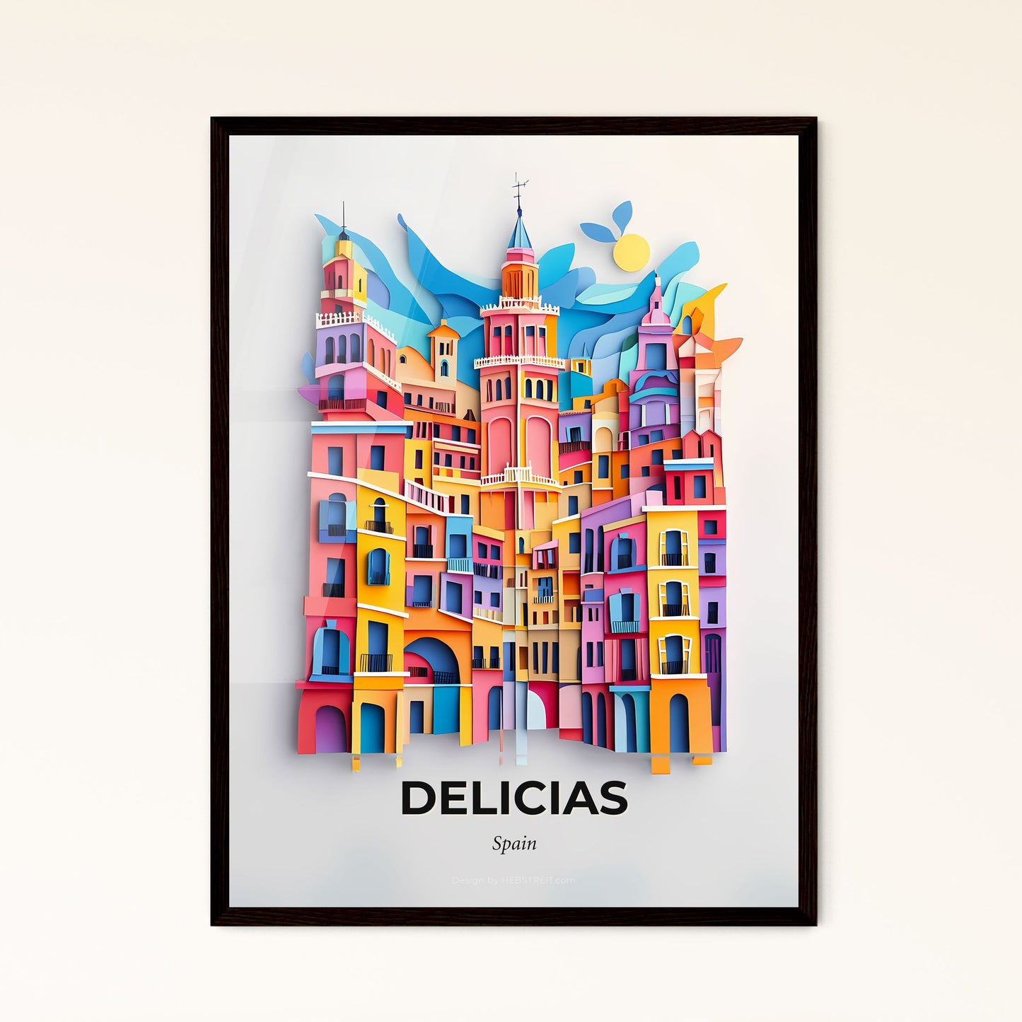 Vivid Delicias, Spain - a colorful city with a clock tower on top of it