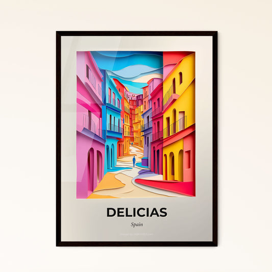 Vivid Delicias, Spain - a person walking down a street in a colorful city