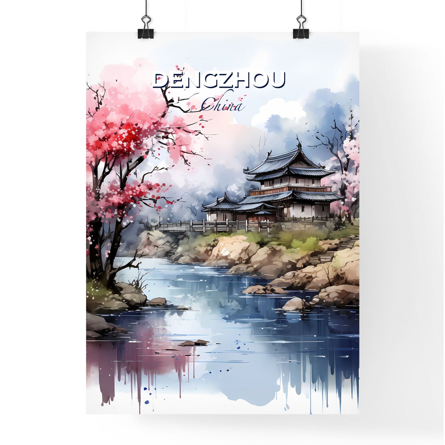 Dengzhou China Skyline Painting - Vibrant Art of a Building by the River Default Title