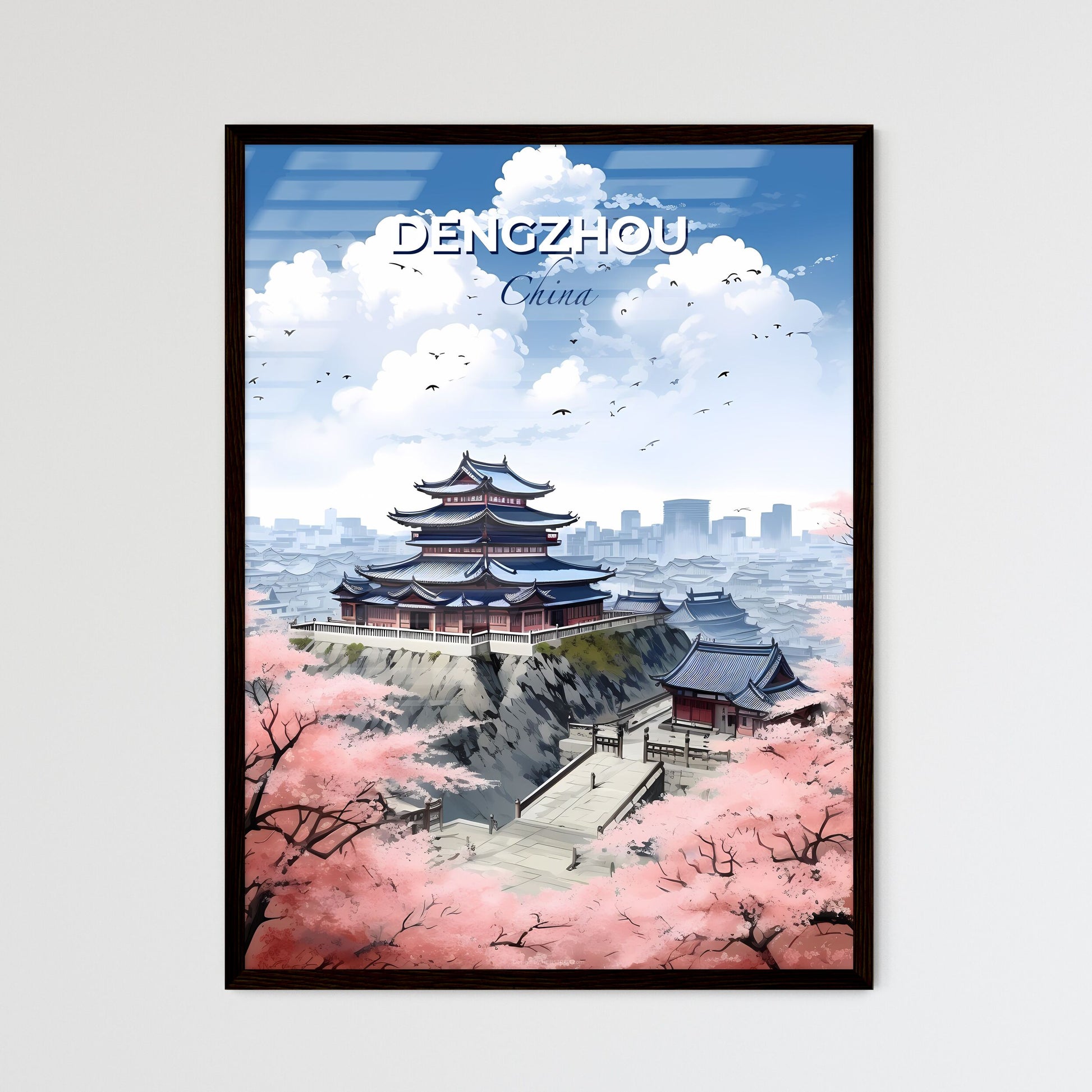 Skyline of Dengzhou China as an artistic painting of a building and pink flowers on a hill Default Title