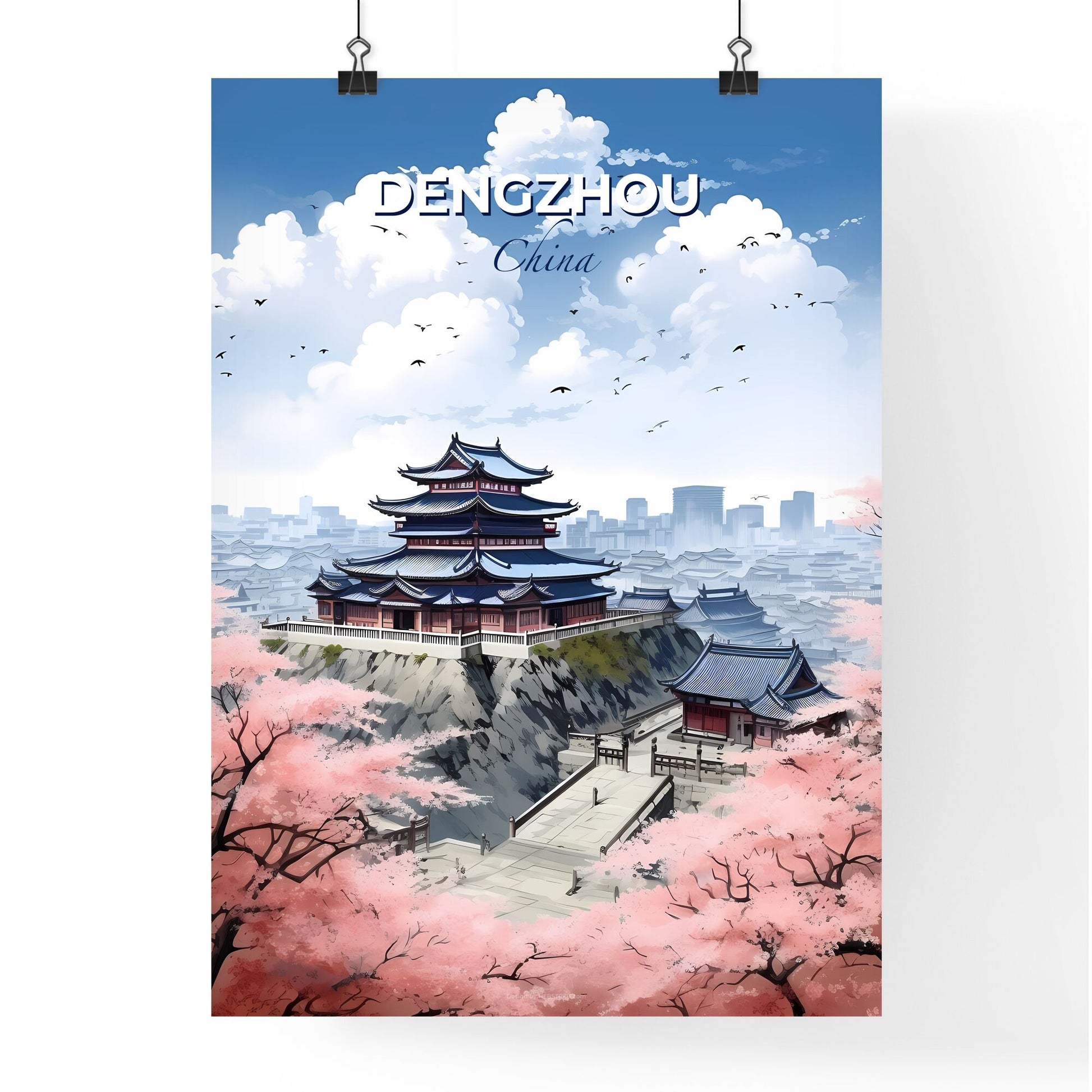 Skyline of Dengzhou China as an artistic painting of a building and pink flowers on a hill Default Title