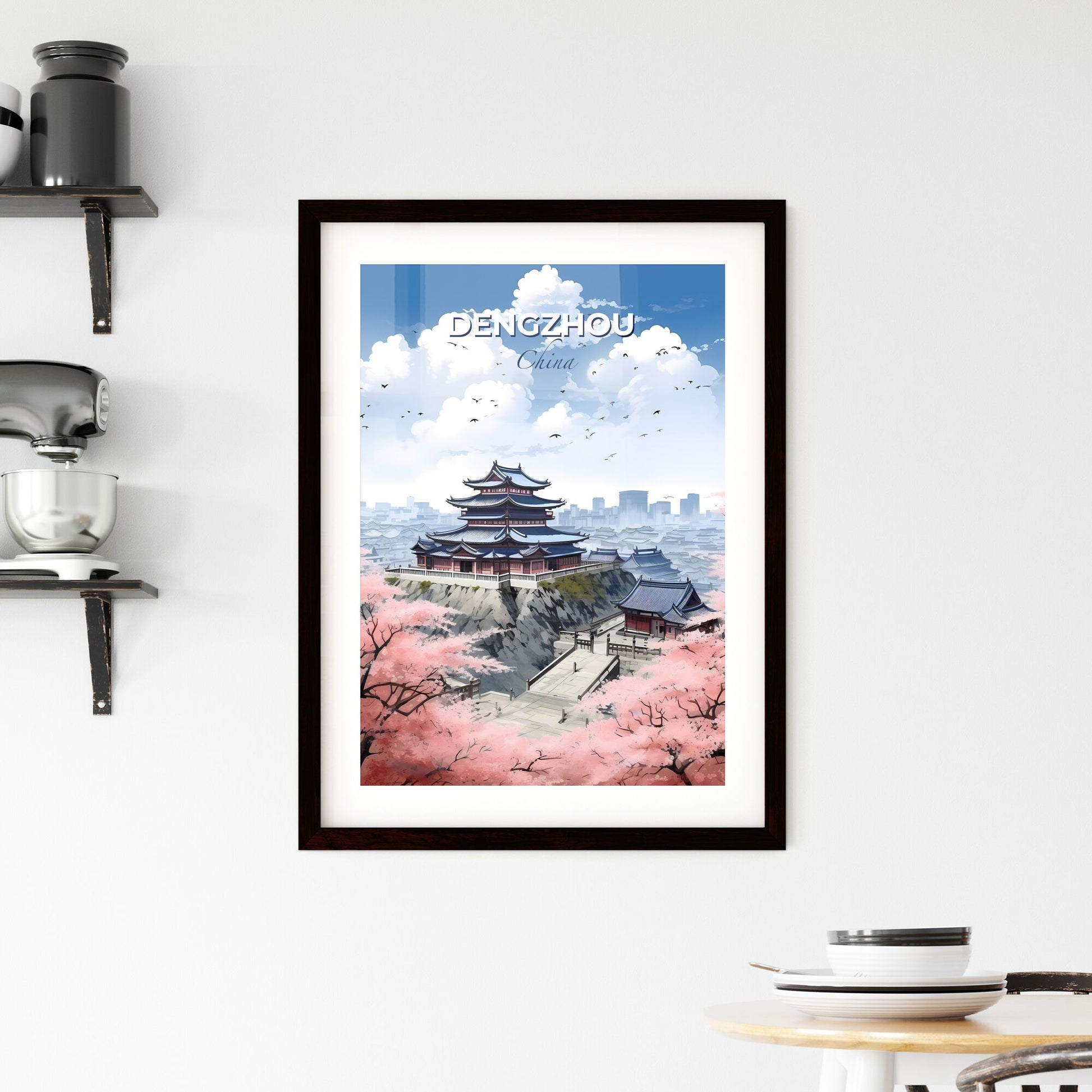 Skyline of Dengzhou China as an artistic painting of a building and pink flowers on a hill Default Title