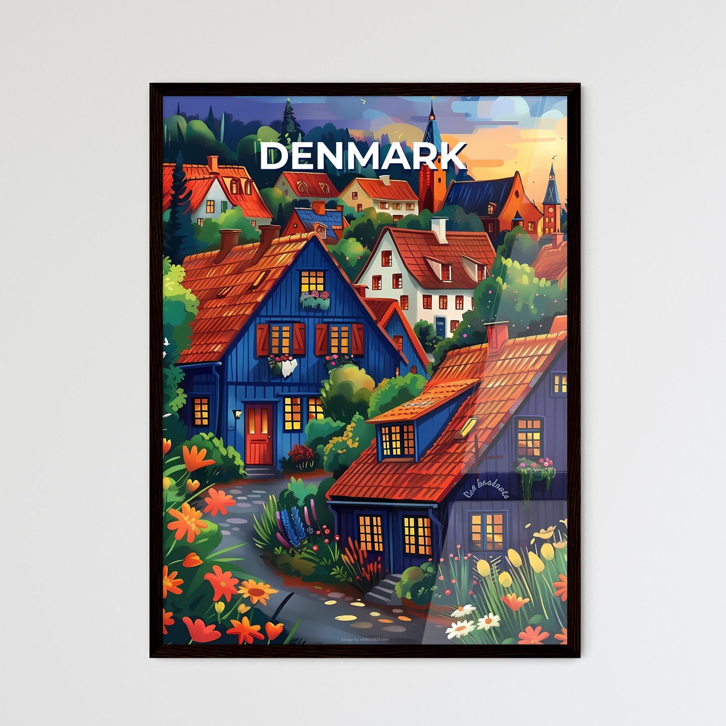 Vibrant Oil Painting: Colorful Danish Landscape with Charming Architecture and Lush Flora