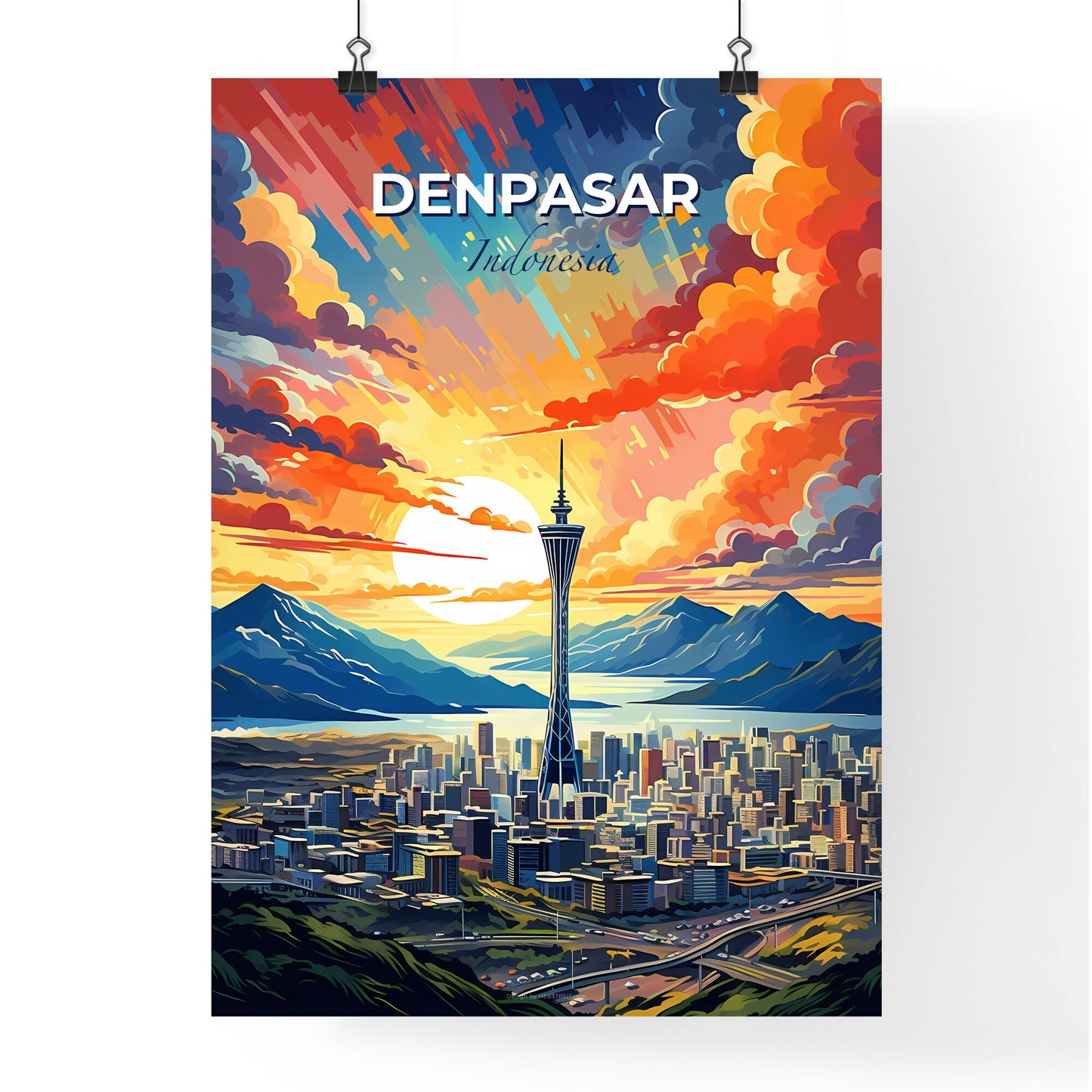 Denpasar Skyline Cityscape Indonesia Painting Art Mountains Colorful Default Title