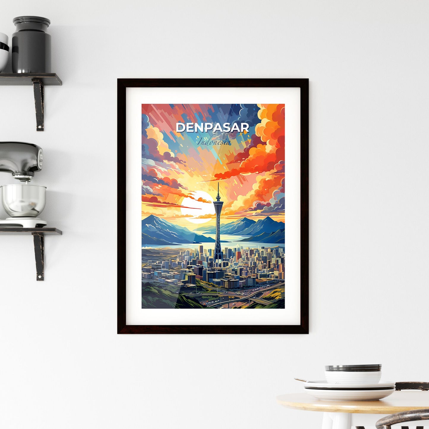 Denpasar Skyline Cityscape Indonesia Painting Art Mountains Colorful Default Title