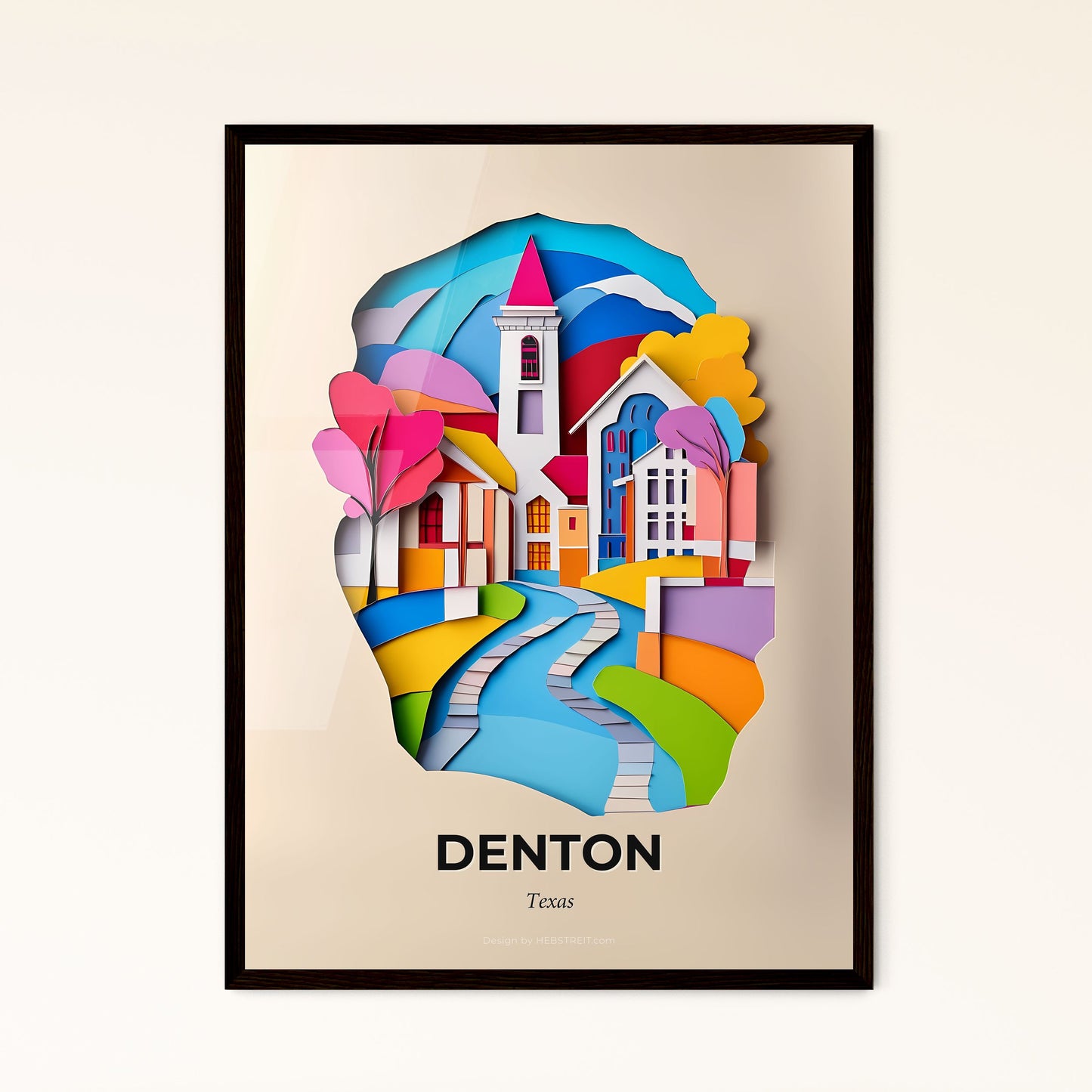 Vivid Denton, Texas - a paper cut of a church and a tree