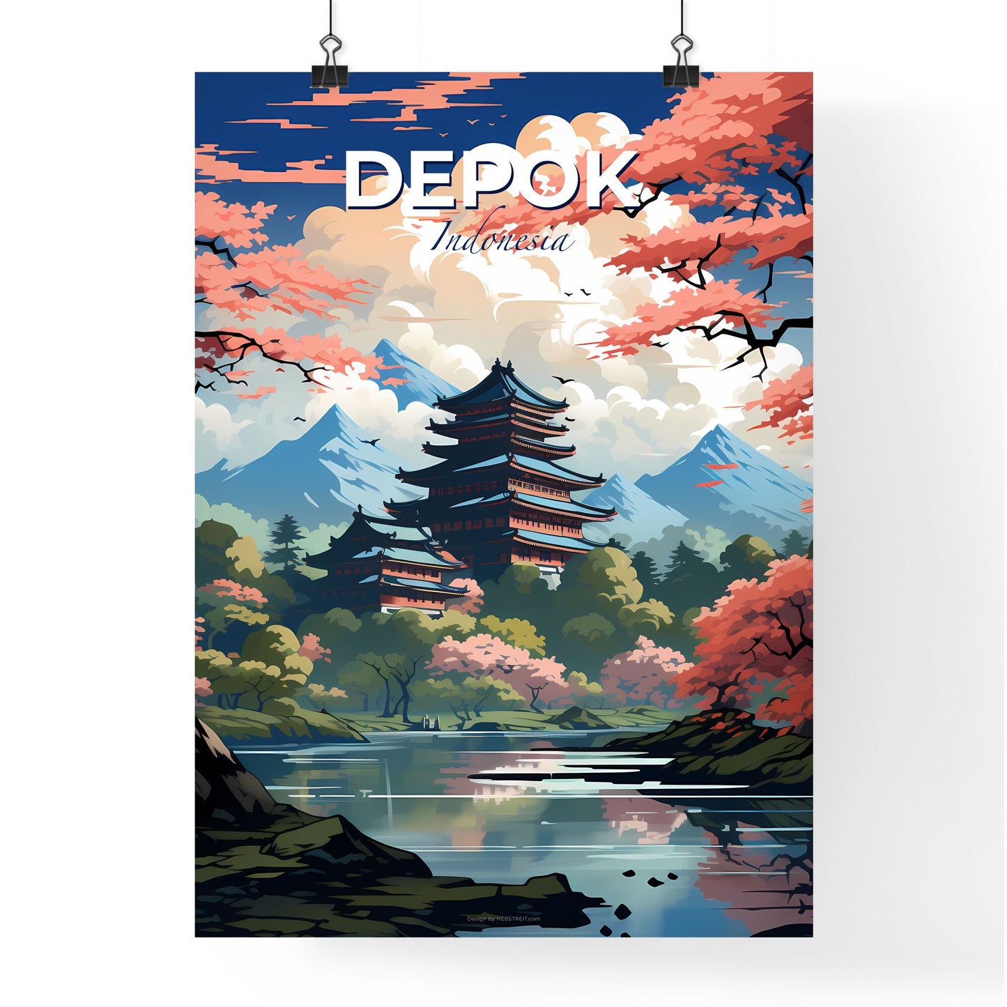 Painting of Depok Indonesia Skyline with Pagoda and Lake Default Title