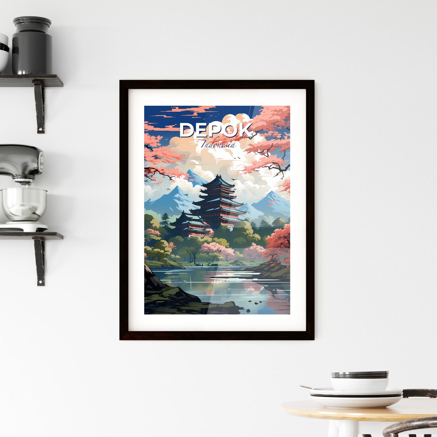 Painting of Depok Indonesia Skyline with Pagoda and Lake Default Title