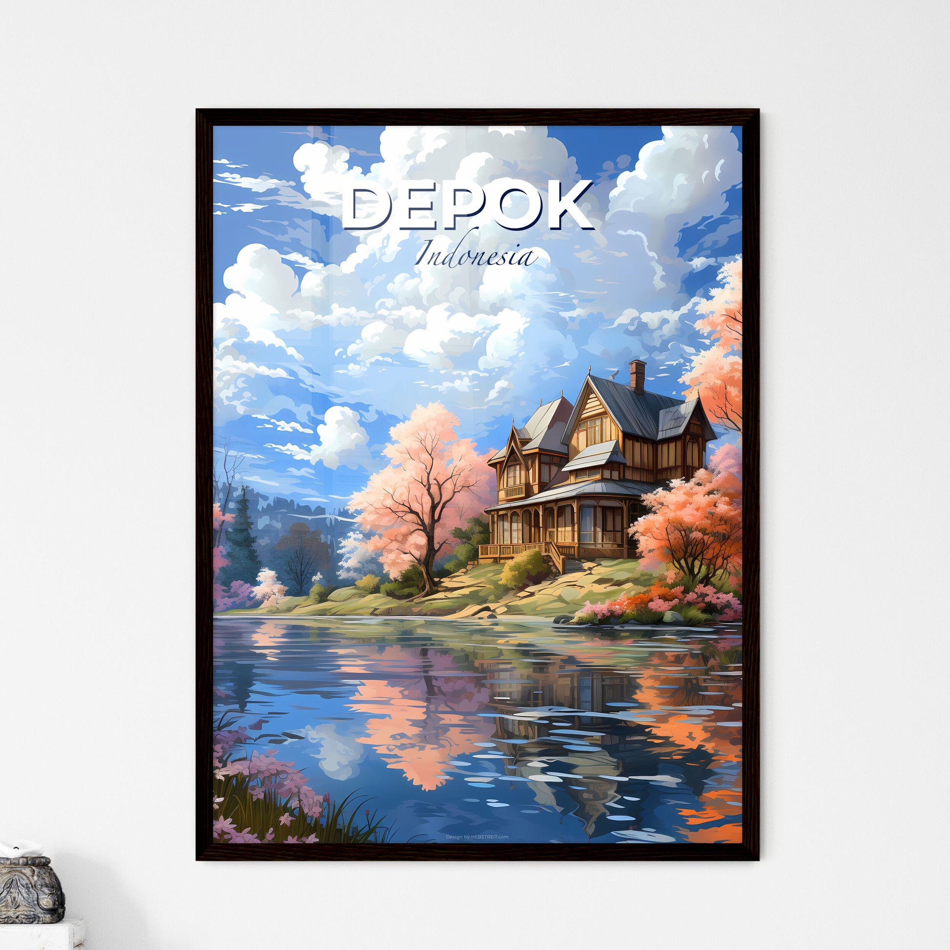 Depok Indonesia Skyline Painting, Vibrant Art, House by the Lake, Colorful Cityscape Default Title