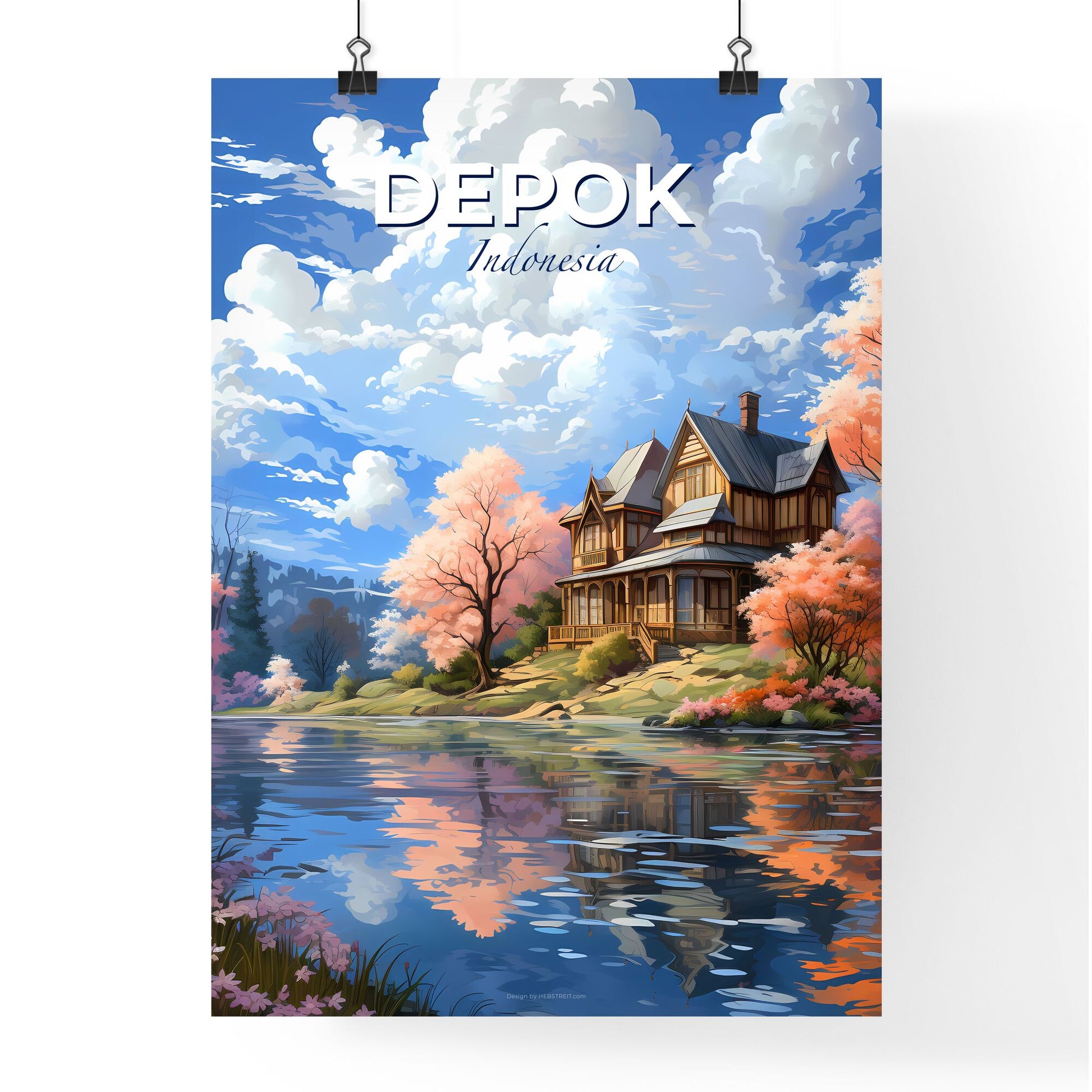 Depok Indonesia Skyline Painting, Vibrant Art, House by the Lake, Colorful Cityscape Default Title