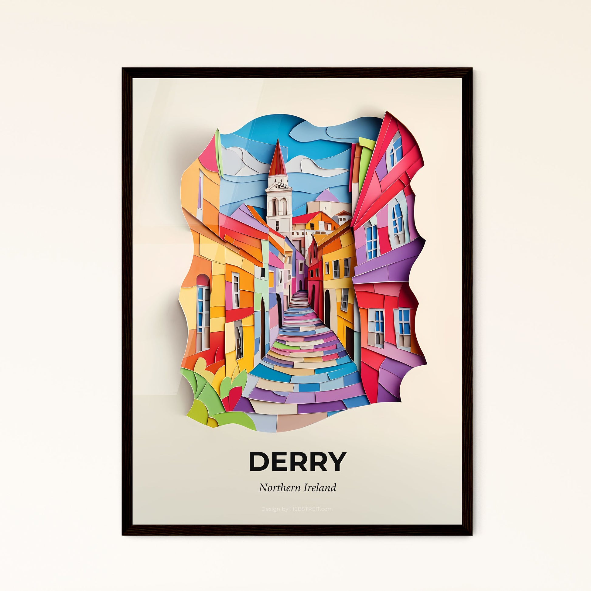 Vivid Derry, Northern Ireland - a colorful city street with a clock on the wall