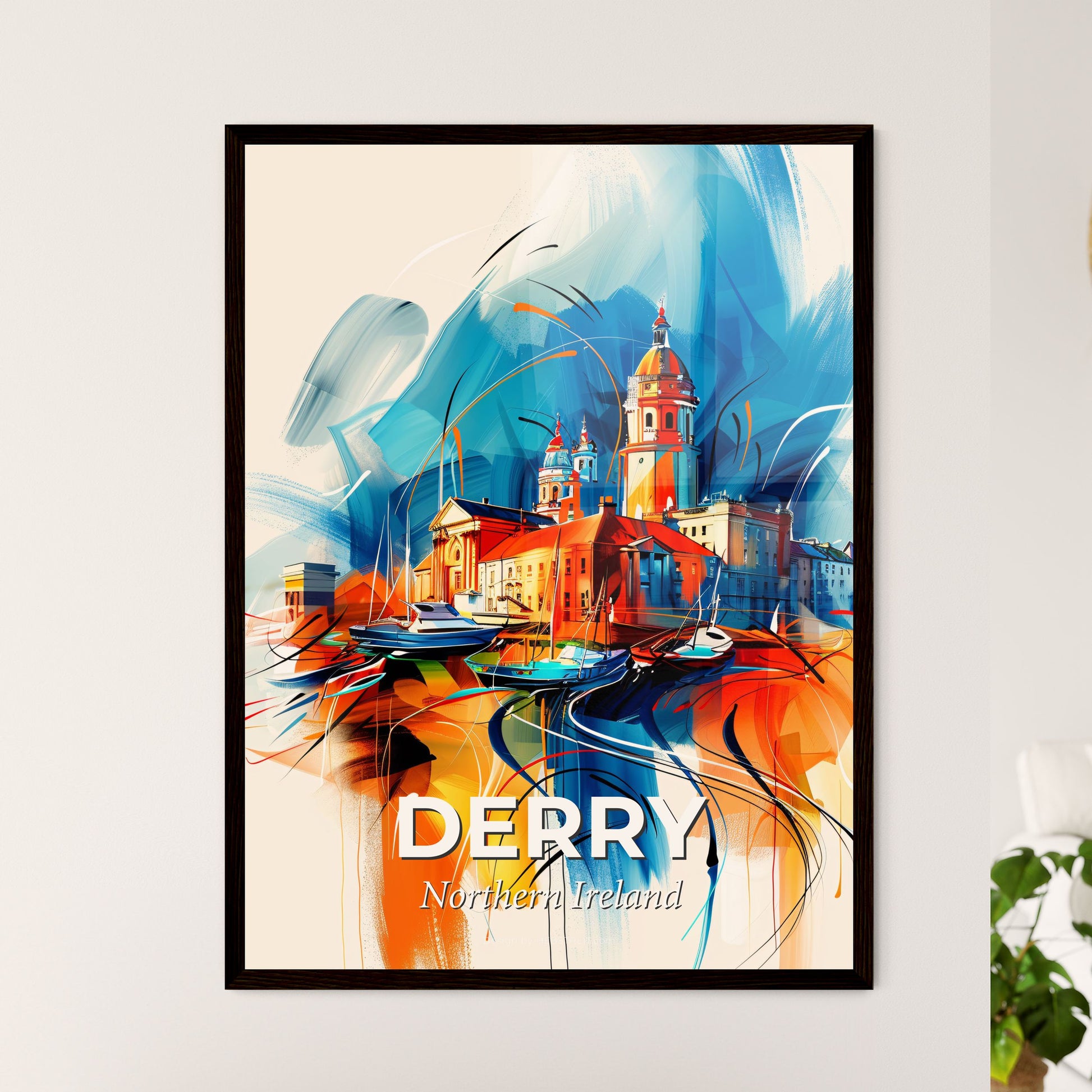 Vibrant Derry, Northern Ireland - A Painting Of A Building And Boats