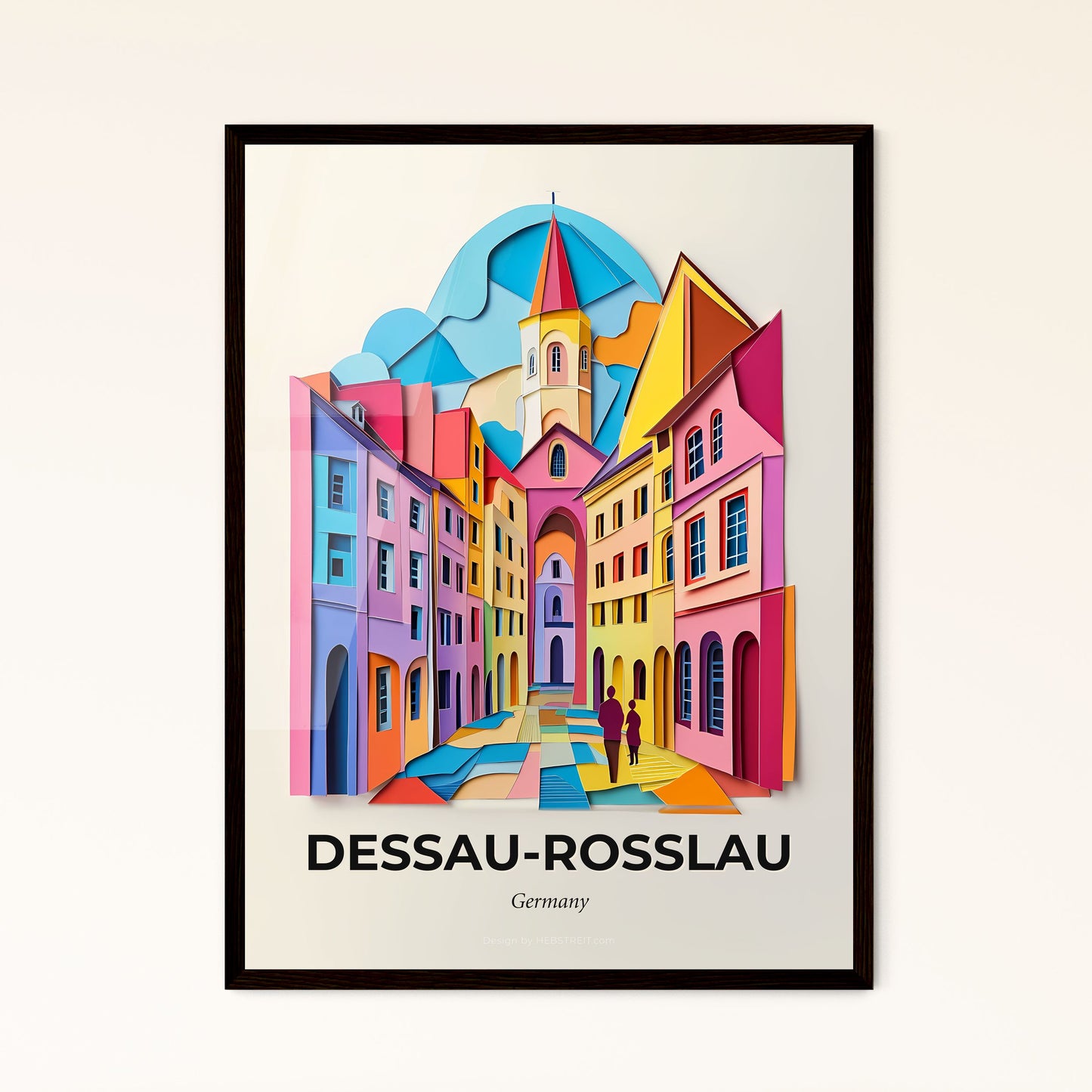 Vivid Dessau-Roßlau, Germany - a colorful city with a church tower and a person walking down the street