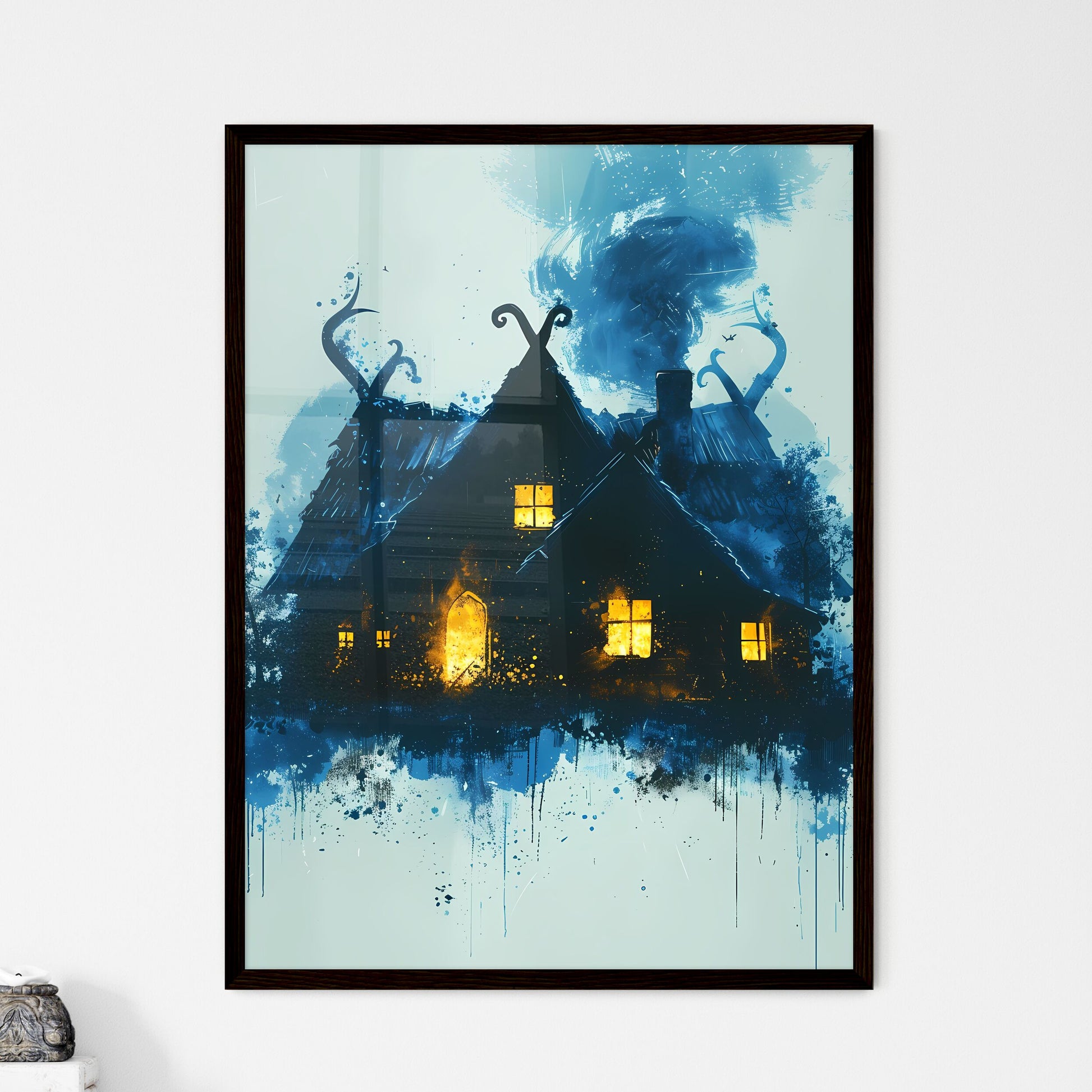 Black and white minimalist viking house icons set, home with light, destruction, fire, ash, ax, runes, ruin Framed Art