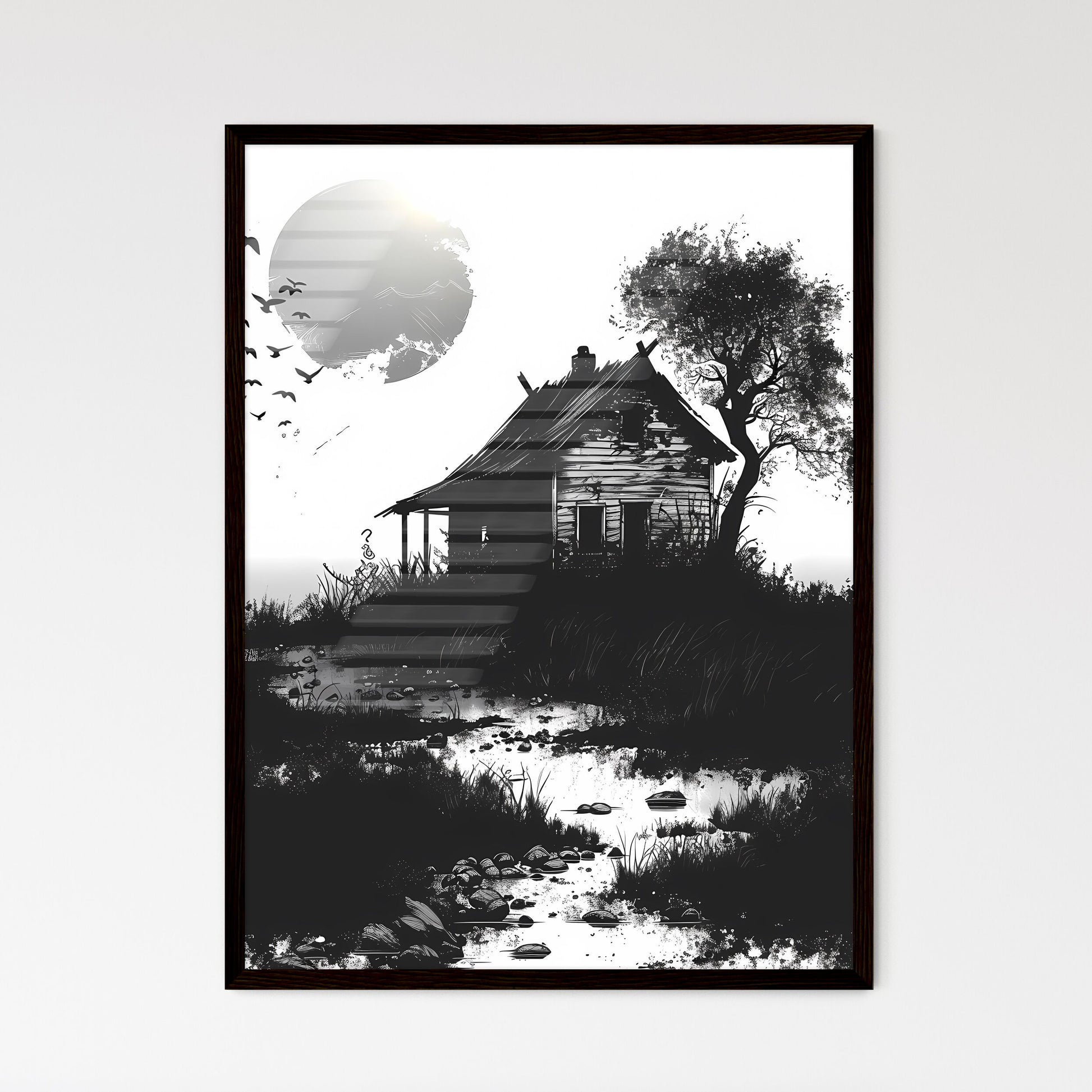 Minimalist Viking house icon in black and white, featuring a vibrant painting-like design with variations on a hill with a tree and birds Framed Art