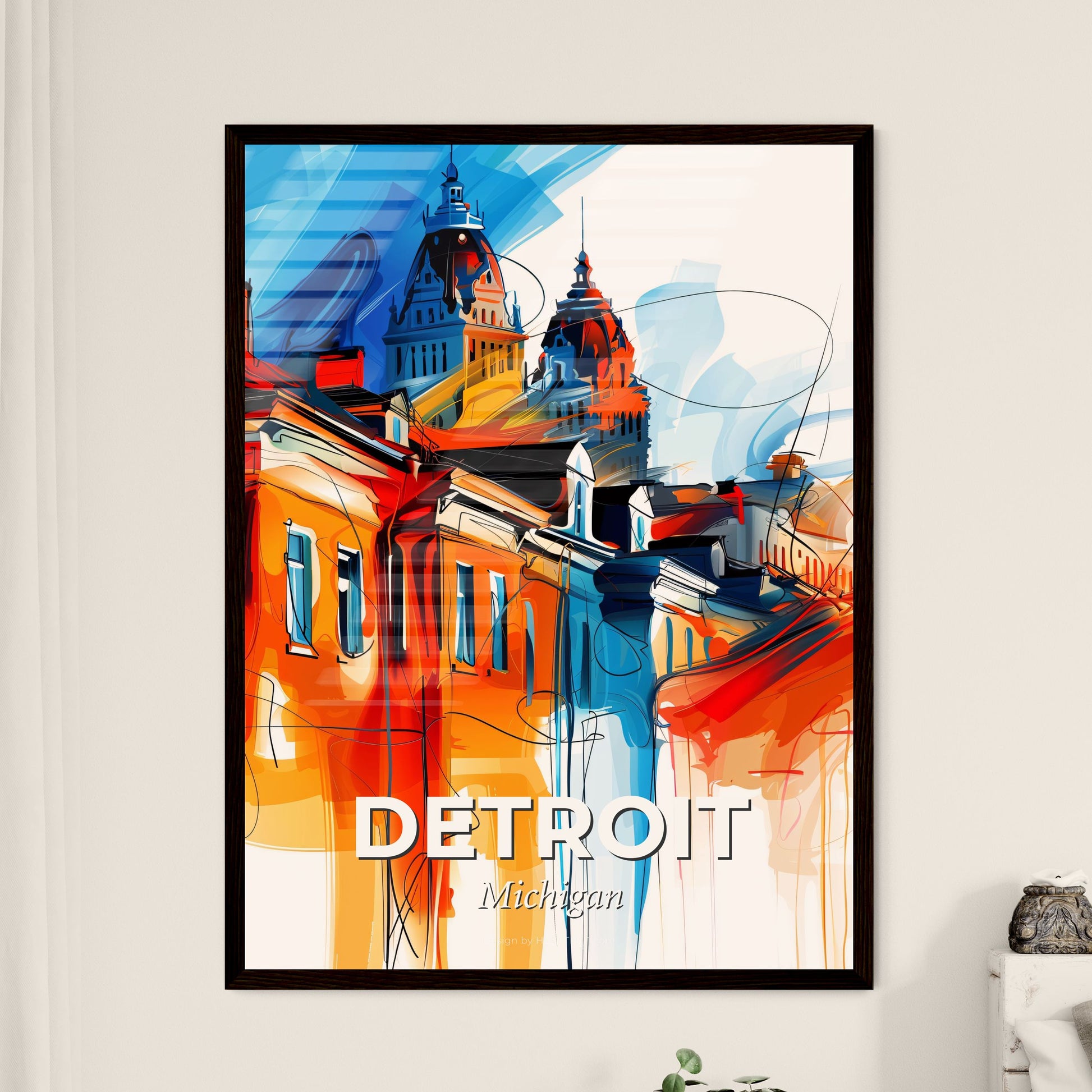 Vibrant Detroit, Michigan - A Painting Of Buildings With Towers And Roofs