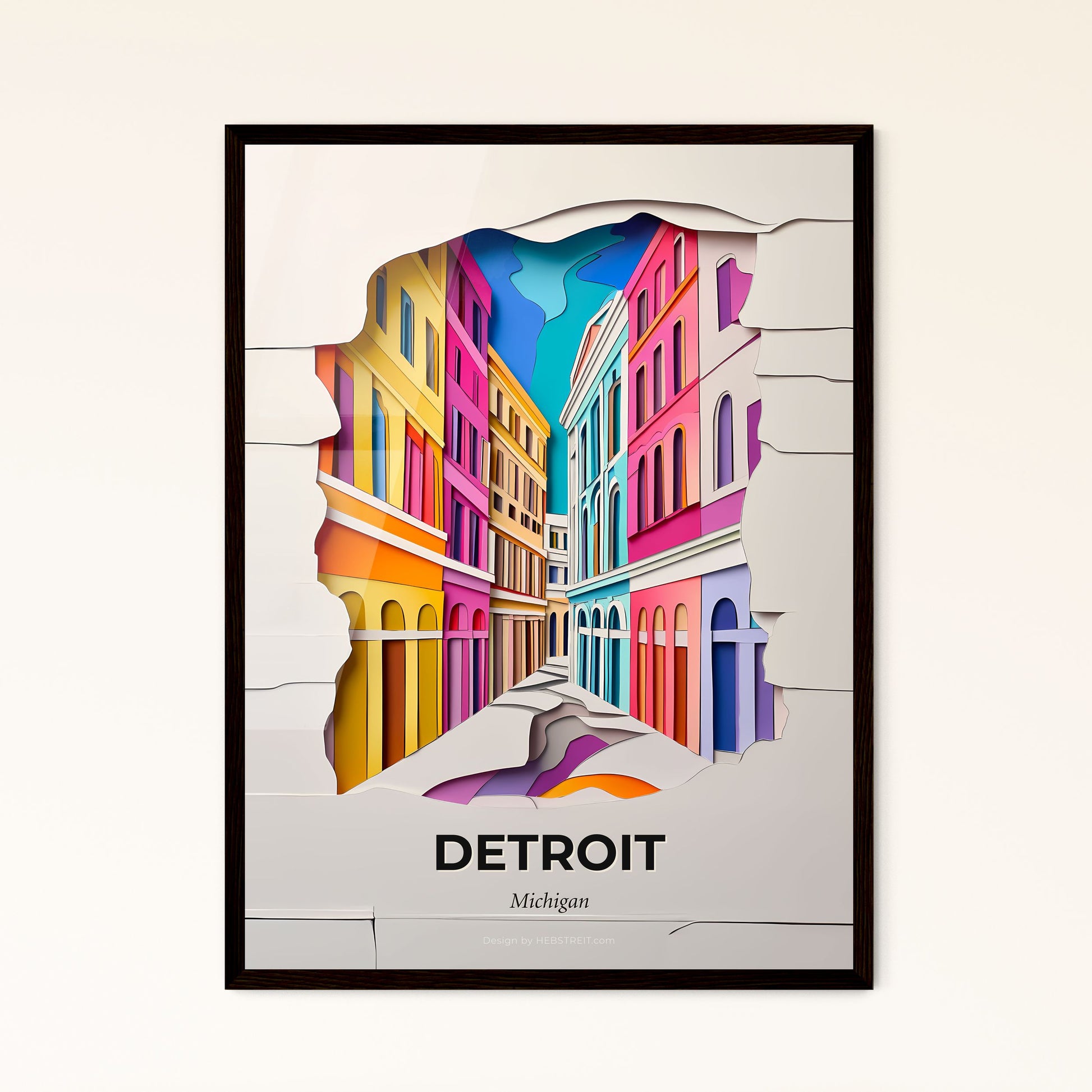 Vivid Detroit, Michigan - a paper cut of a colorful city street