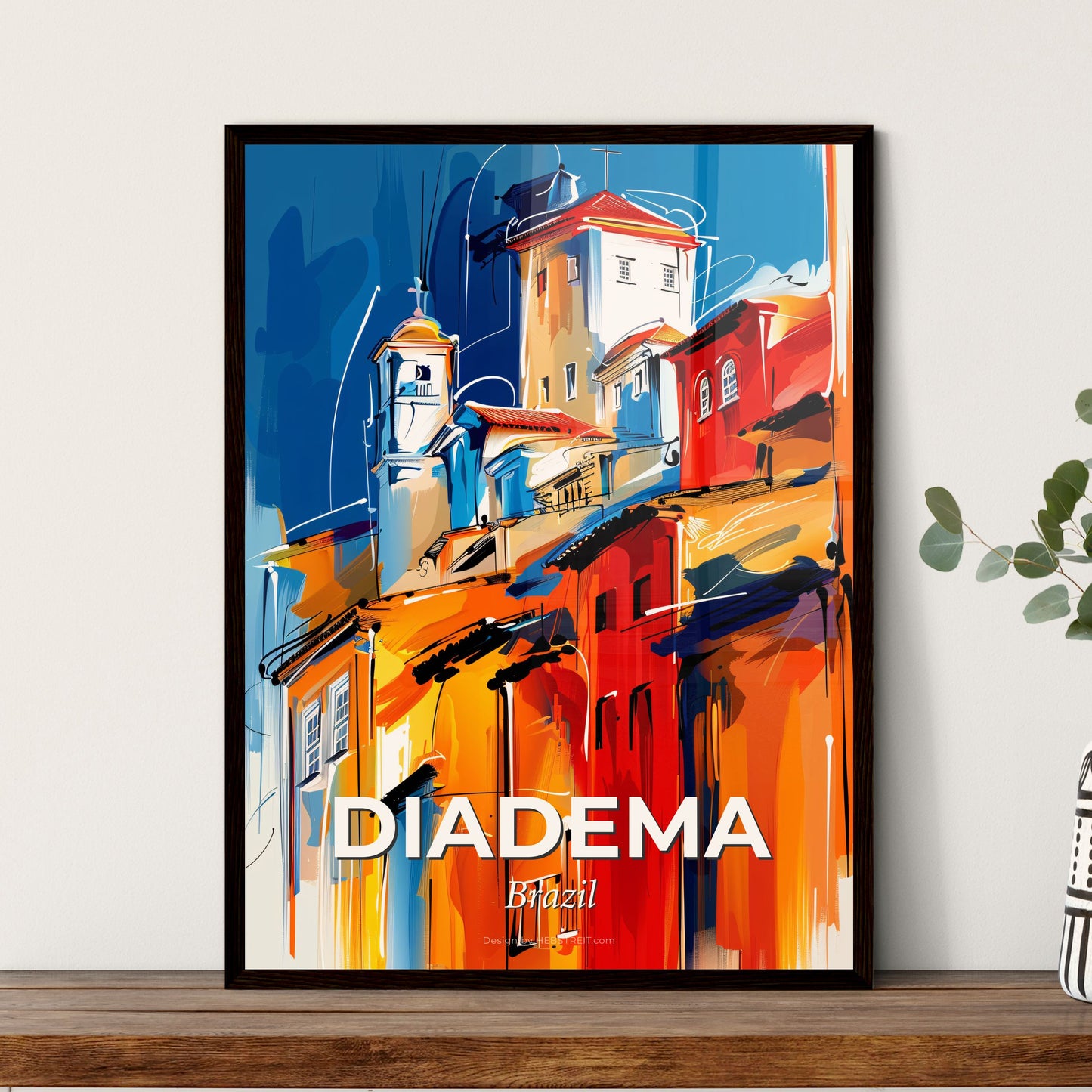 Vibrant Diadema, Brazil - A Painting Of Buildings On A Blue And White Background