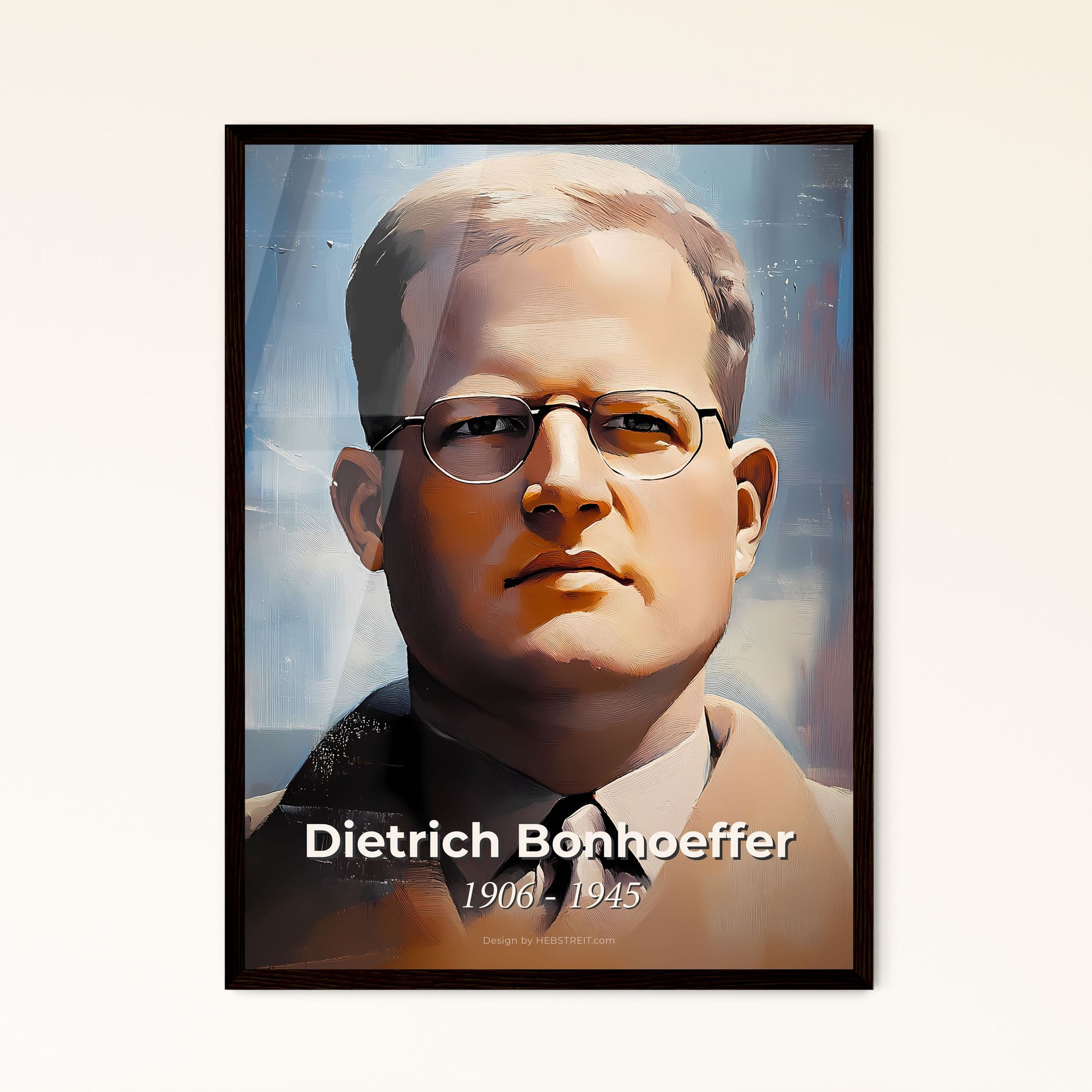 Portrait of Dietrich Bonhoeffer, 1906 - 1945. Impressionistic painting of a man wearing glasses and a suit.