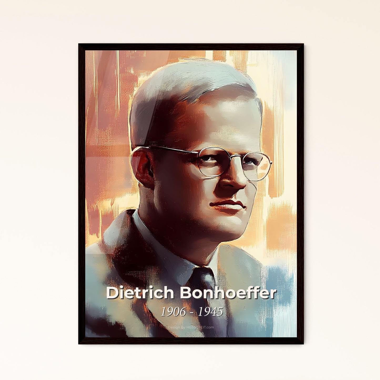 Portrait of Dietrich Bonhoeffer, 1906 - 1945. Impressionistic painting of a man wearing glasses and a suit.