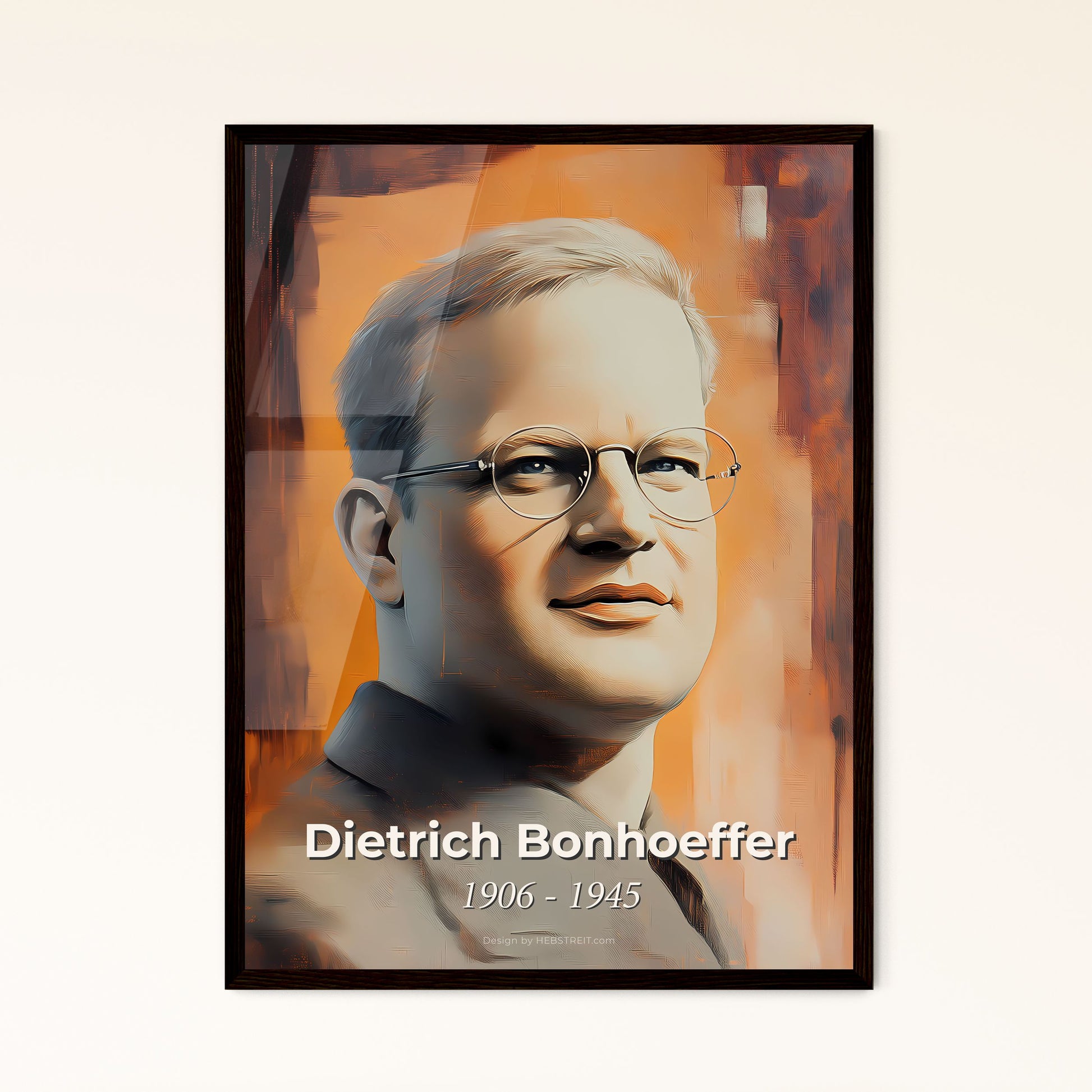 Portrait of Dietrich Bonhoeffer, 1906 - 1945. Impressionistic painting of a man wearing glasses.