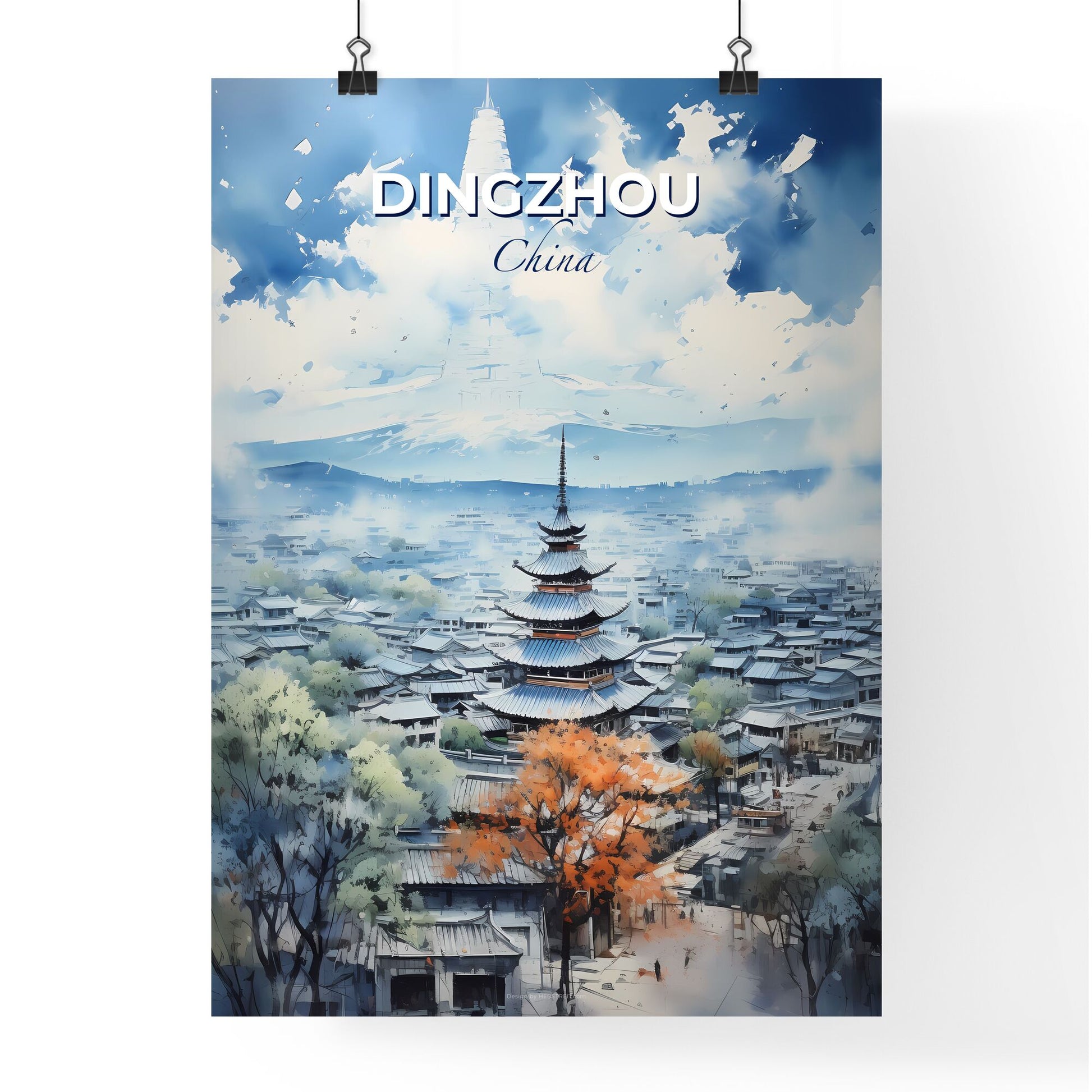 Artistic Dingzhou City Skyline Painting Featuring Pagoda and Vibrant Colors Default Title