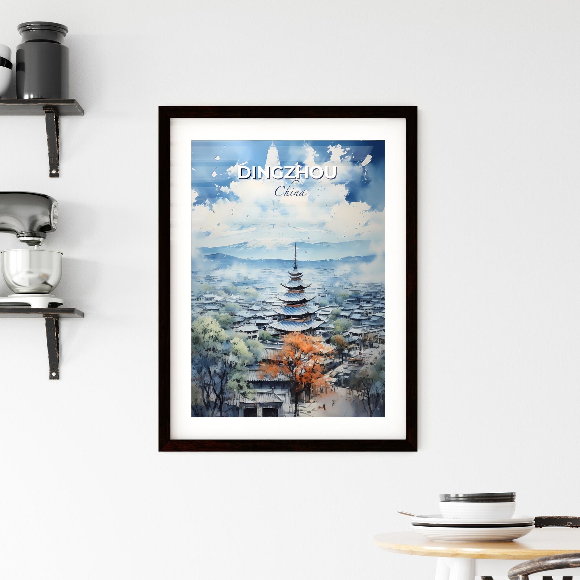 Artistic Dingzhou City Skyline Painting Featuring Pagoda and Vibrant Colors Default Title