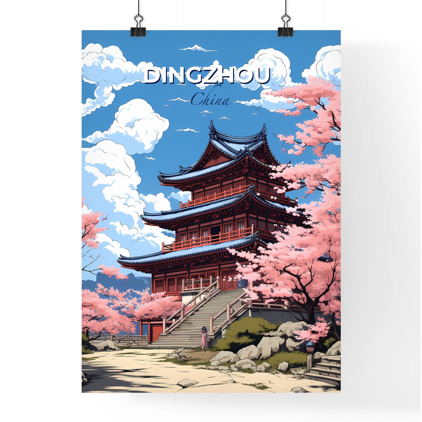 Dingzhou China Skyline Painting: Pink Blossoms Pagoda Asian Architecture Watercolor Brushstrokes Default Title