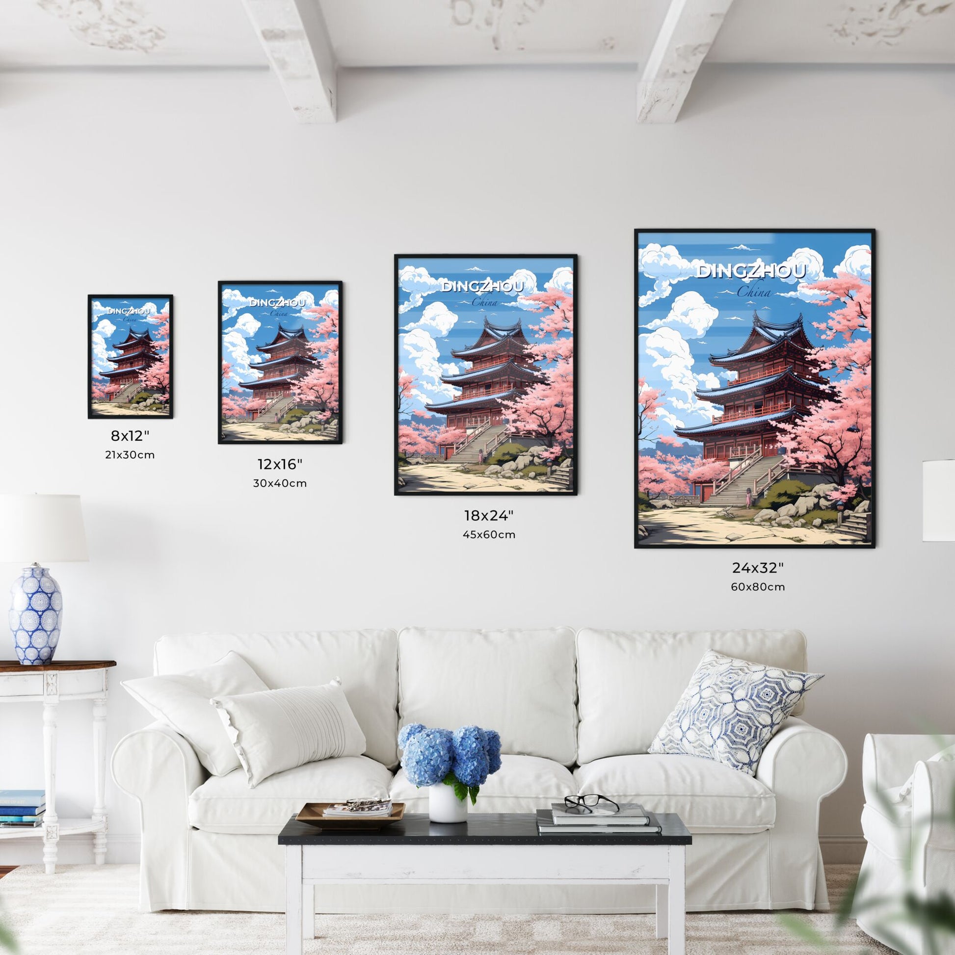 Dingzhou China Skyline Painting: Pink Blossoms Pagoda Asian Architecture Watercolor Brushstrokes Default Title