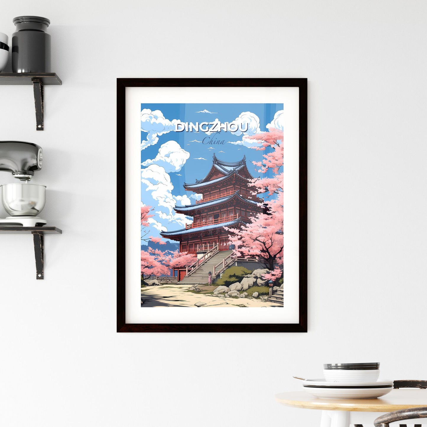 Dingzhou China Skyline Painting: Pink Blossoms Pagoda Asian Architecture Watercolor Brushstrokes Default Title