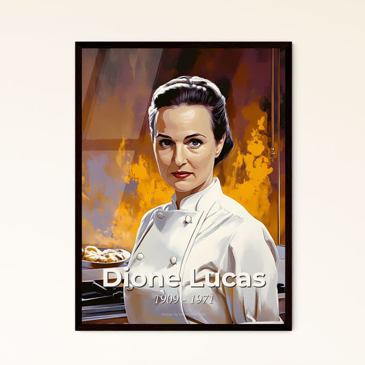 Portrait of Dione Lucas, 1909 - 1971. Impressionistic painting of a woman in a chef's uniform.