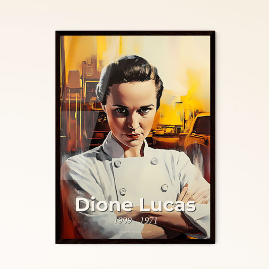 Portrait of Dione Lucas, 1909 - 1971. Impressionistic painting of a woman in a chef's coat.