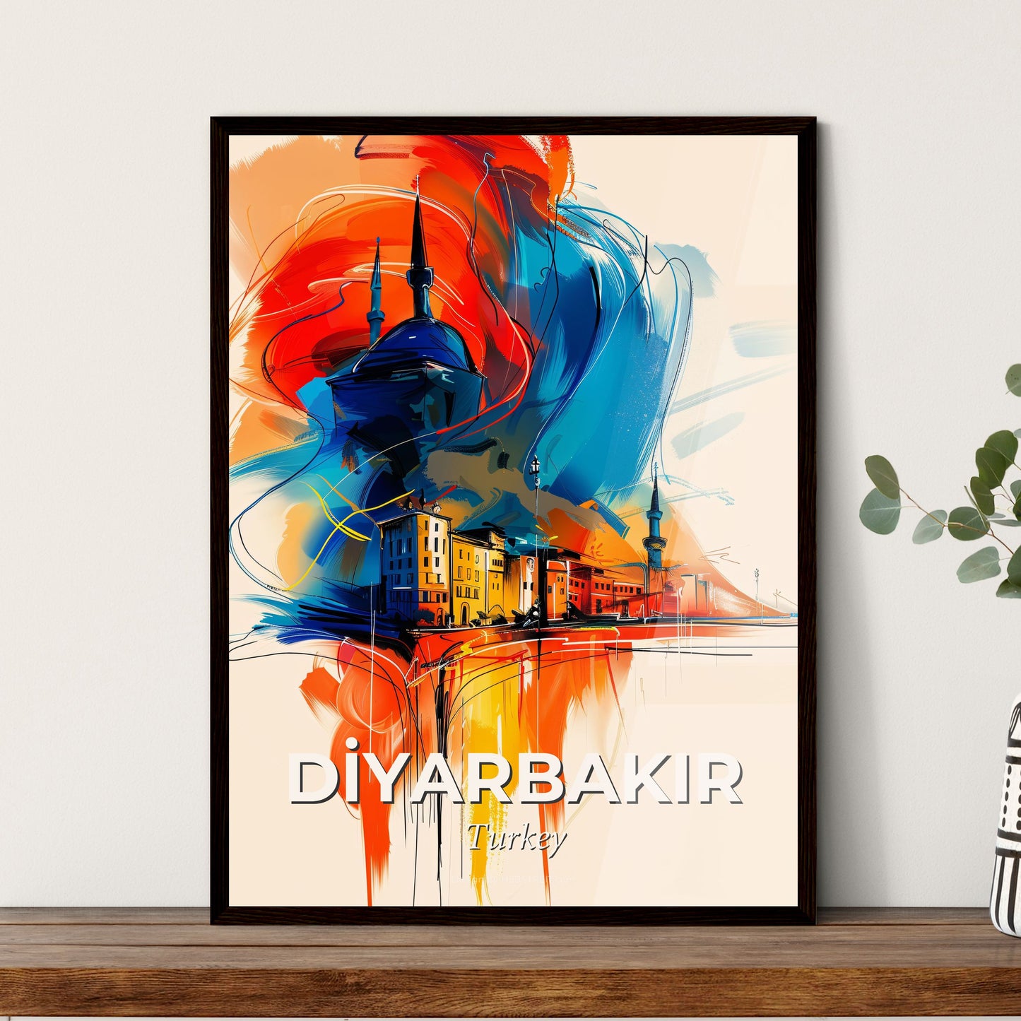 Vibrant Di̇yarbakir, Turkey - A Colorful Painting Of Buildings And A Blue And Orange Background