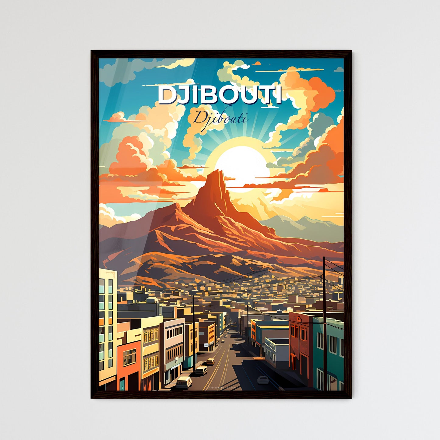 Vibrant Artistic Cityscape of Djibouti Skyline with Majestic Mountainbackdrop Painting Default Title