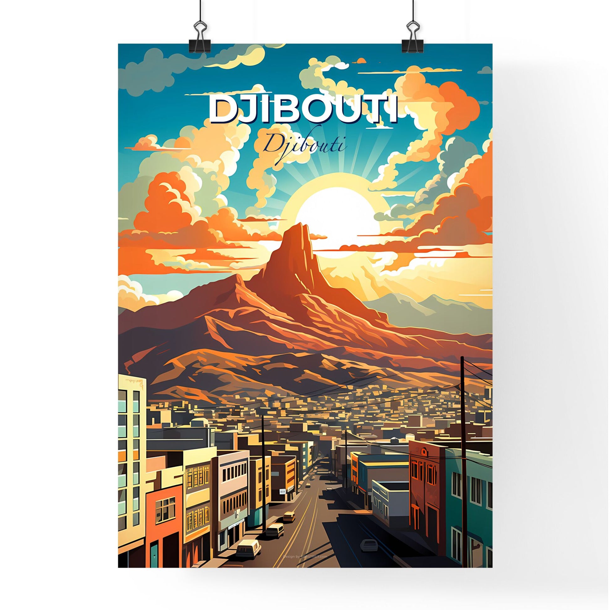 Vibrant Artistic Cityscape of Djibouti Skyline with Majestic Mountainbackdrop Painting Default Title