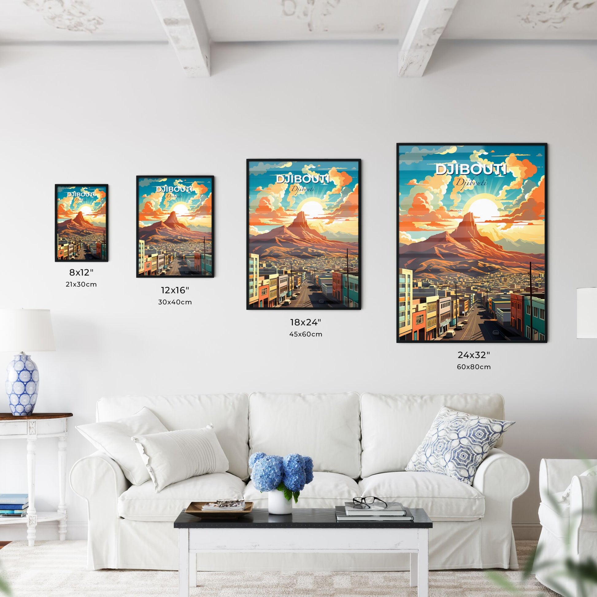 Vibrant Artistic Cityscape of Djibouti Skyline with Majestic Mountainbackdrop Painting Default Title